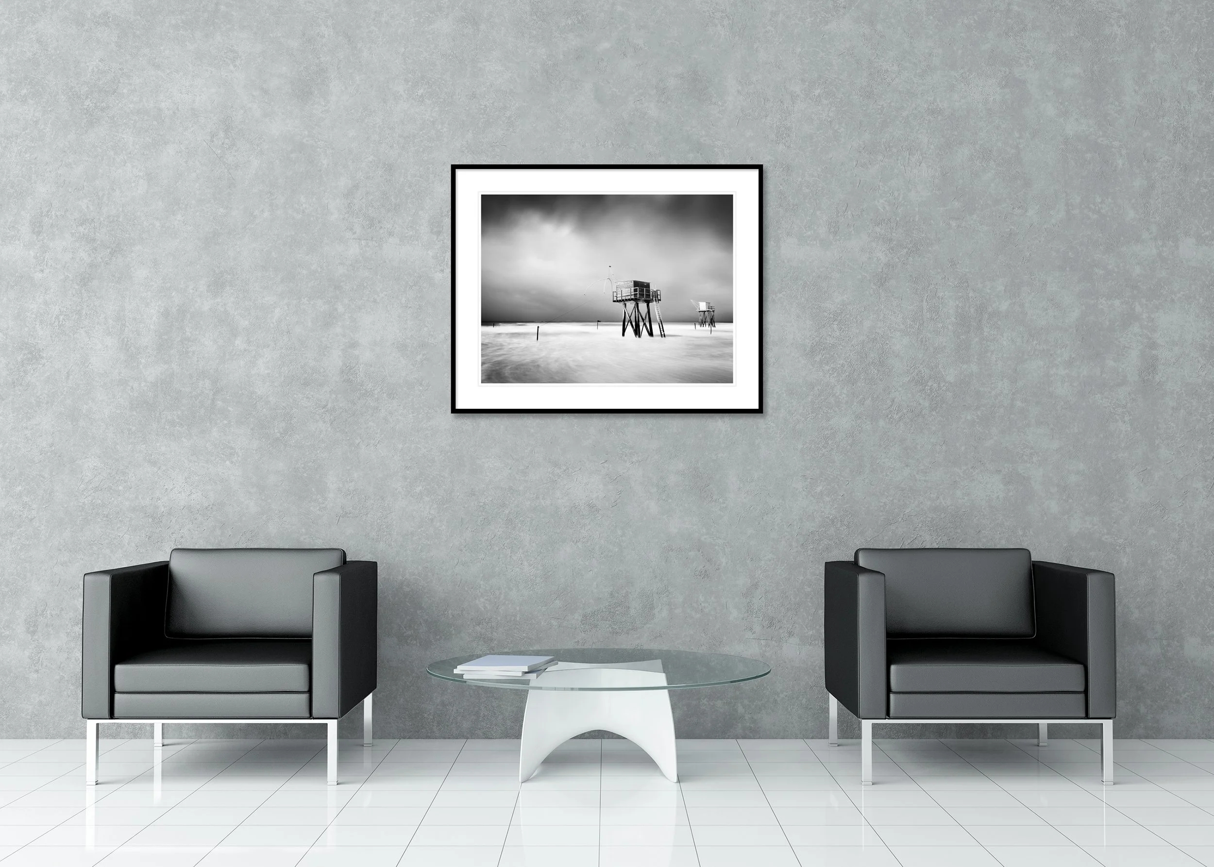 Fishing Hut on Stilts Study 4 displayed in a modern interior as an archival pigment print in a black aluminium frame with a white mount by Gerald Berghammer.