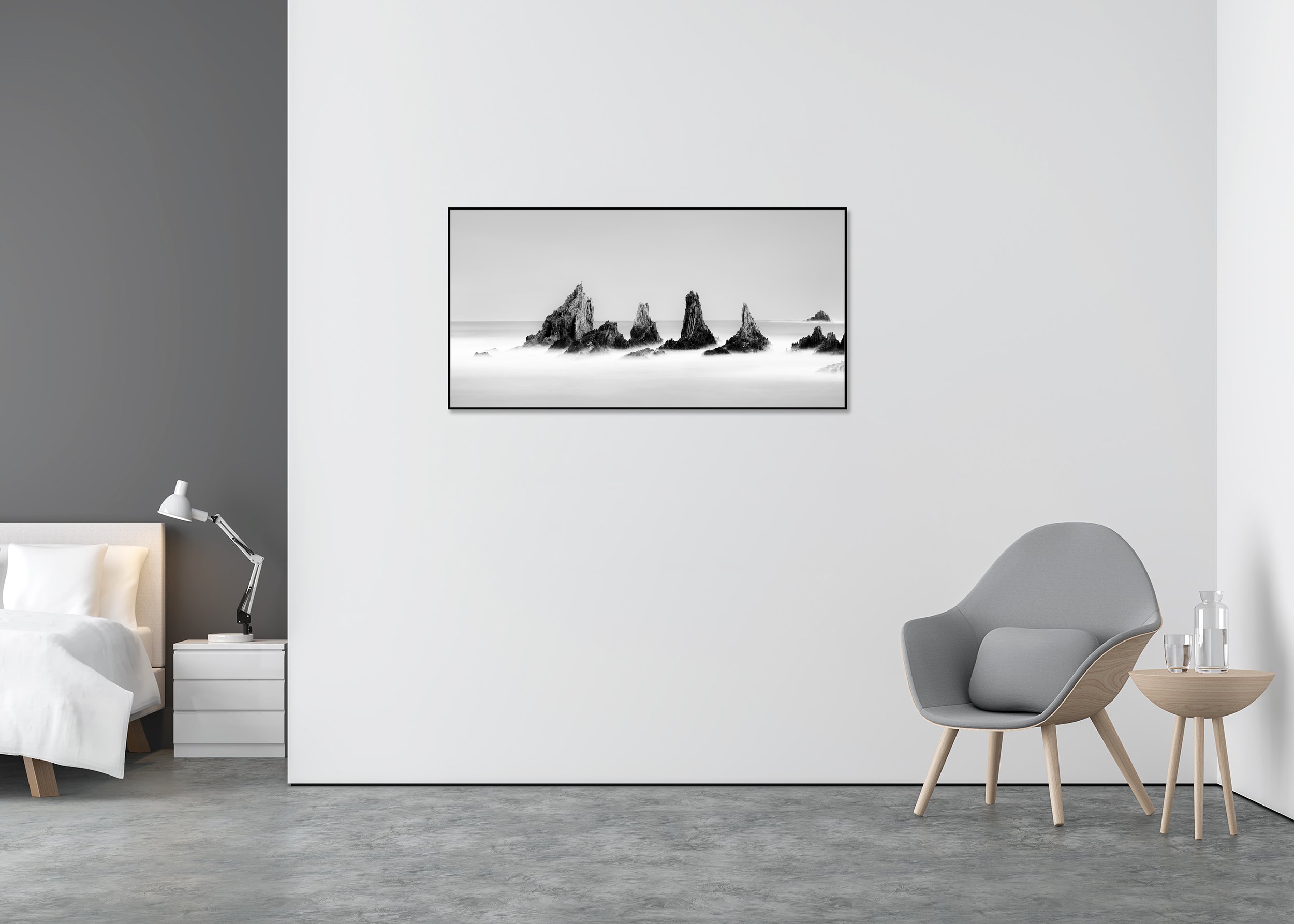 Rocky Peaks Panorama, Study 2 displayed in a minimalist bedroom interior, mounted on aluminium Dibond in a black ArtBox frame by Gerald Berghammer.