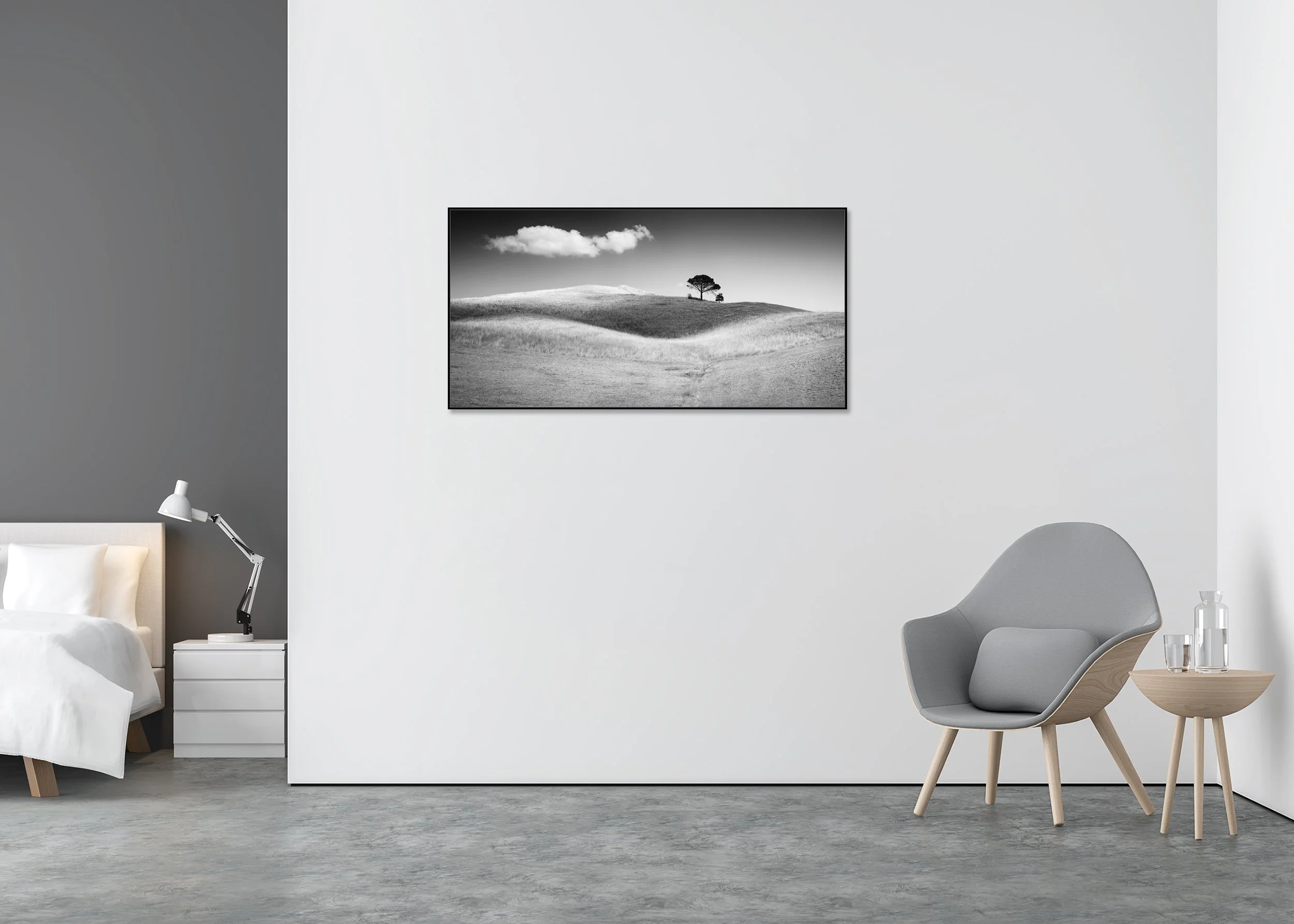 Minimalist black and white photograph of open hills with a solitary tree, mounted on Dibond in an aluminium ArtBox frame
