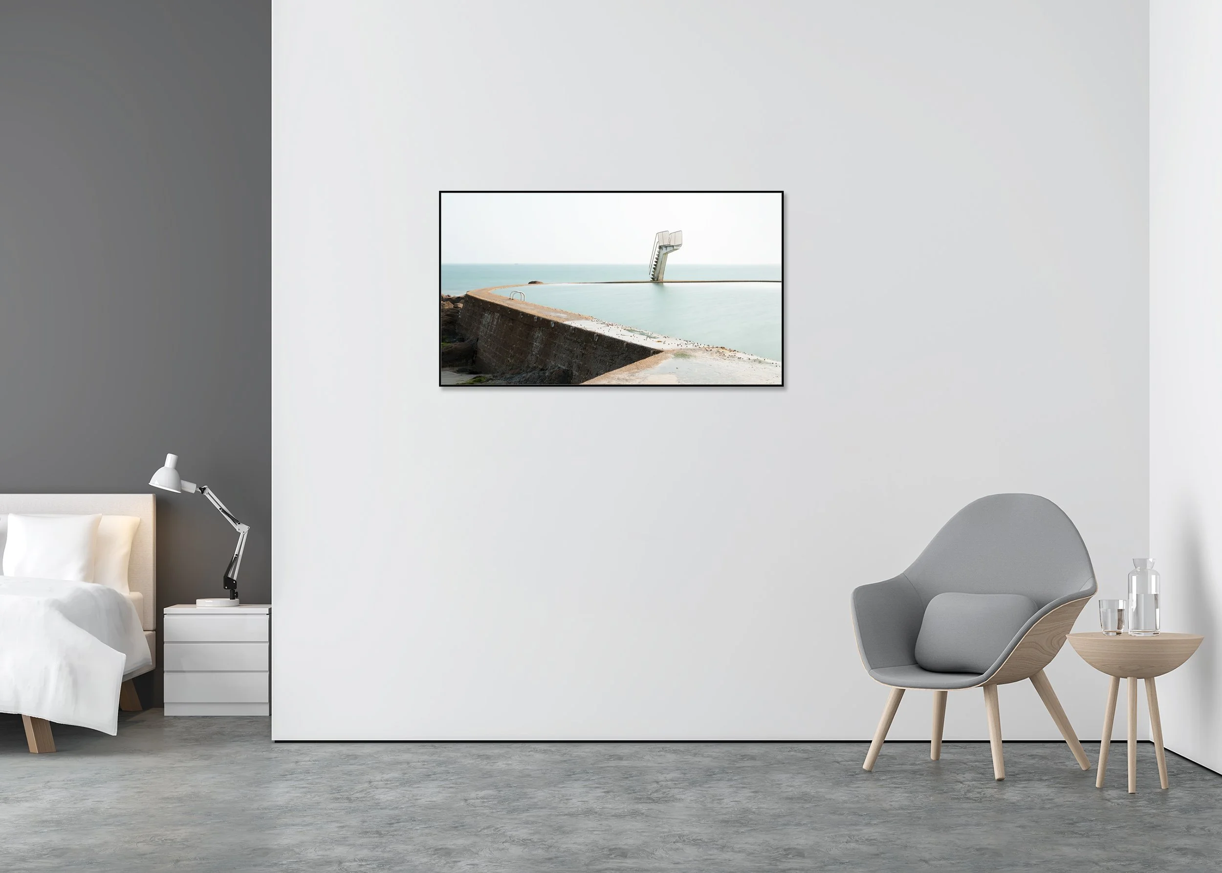 Seawater Swimming Pool, Study 1 – colour Dibond print in a black aluminium ArtBox displayed in a minimalist bedroom.