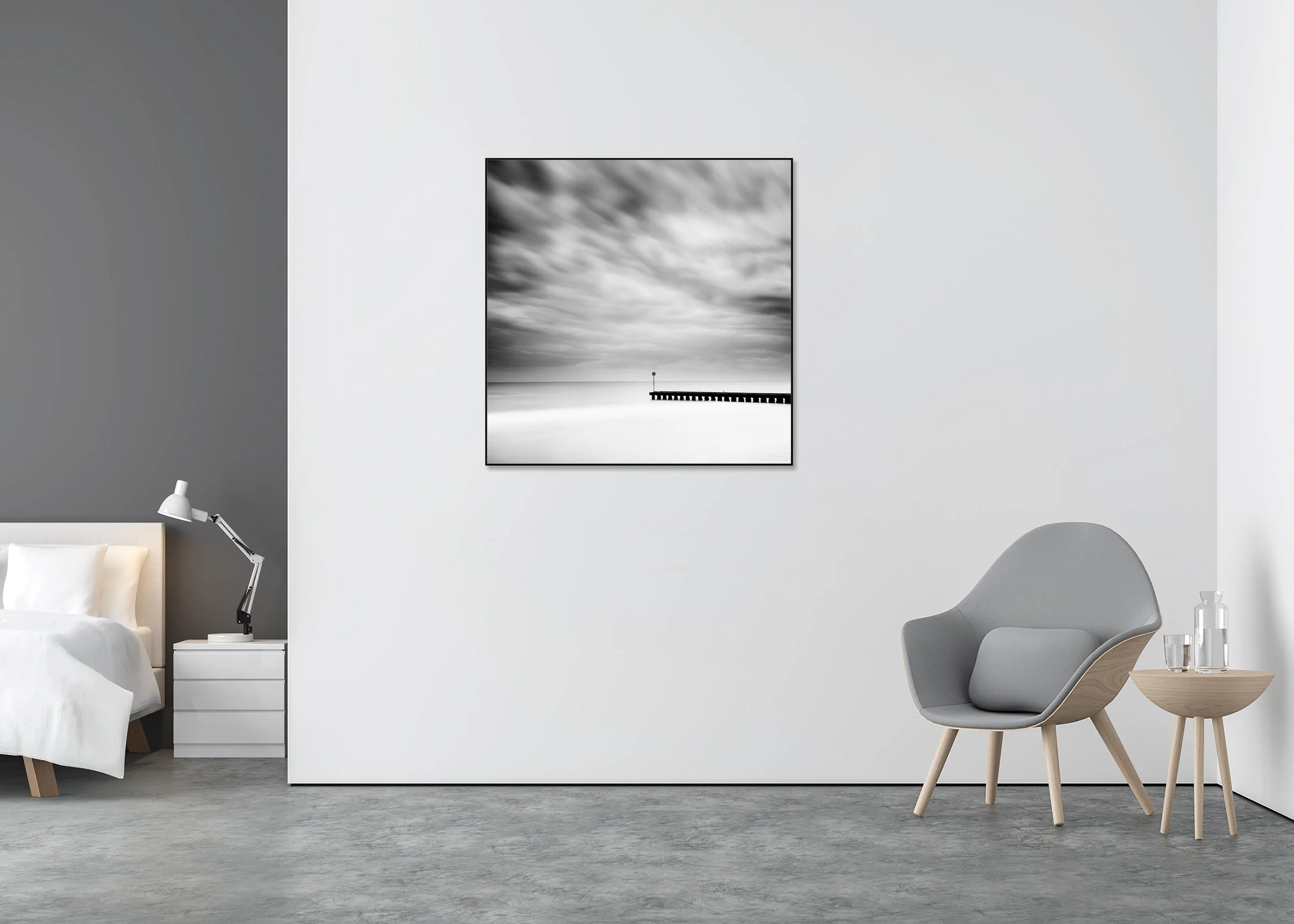 Wooden Pier in the Sea Study 1 displayed in a modern interior, mounted on aluminium Dibond in a black ArtBox frame by Gerald Berghammer.