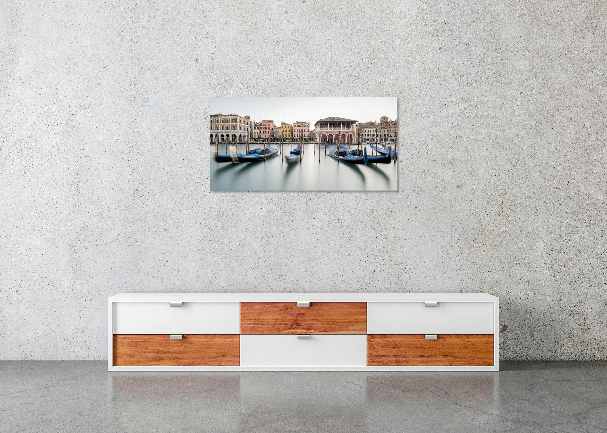 Mercato di Rialto Fish Market – Venice, frameless Dibond print above a low cabinet.