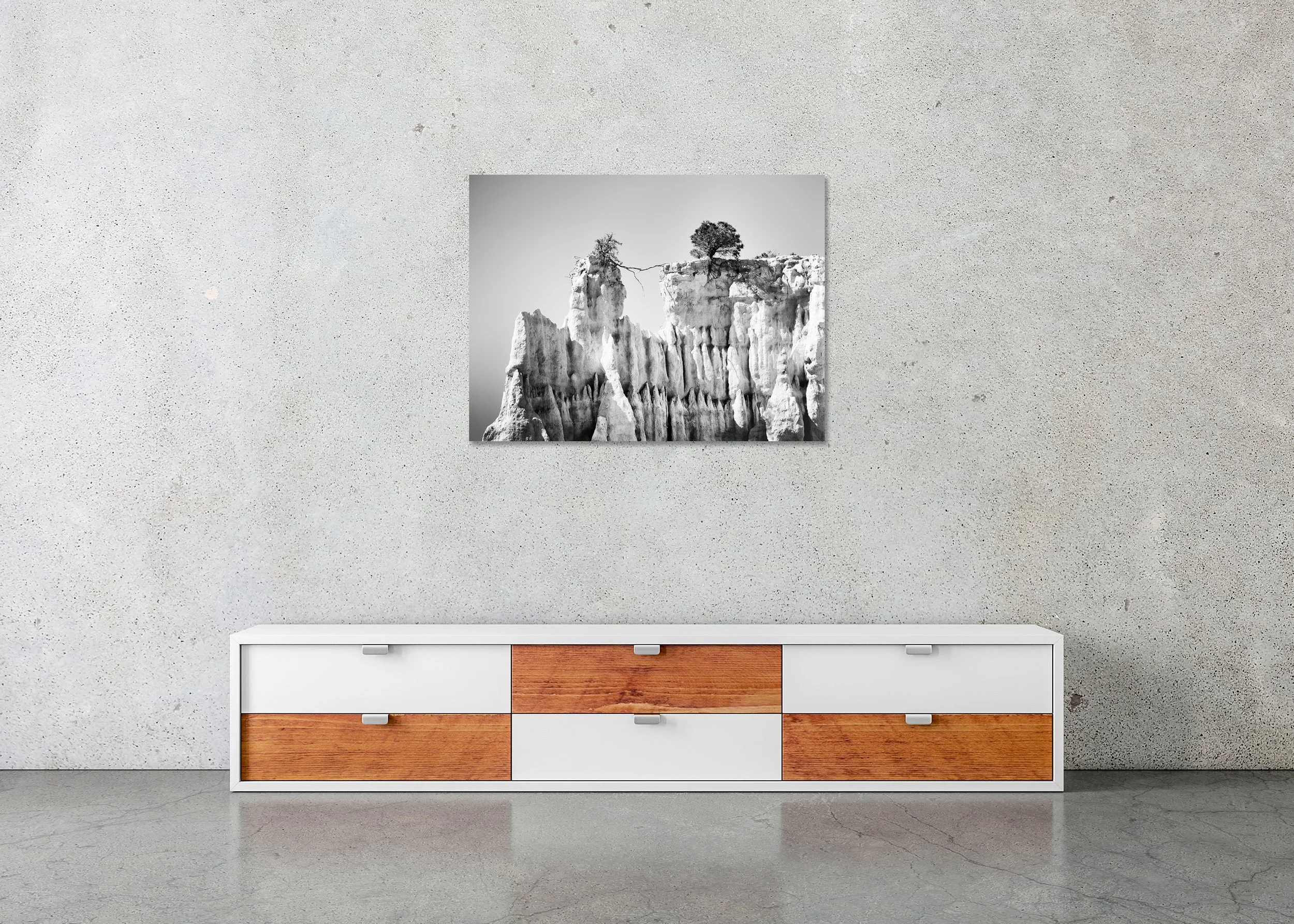 Monochrome abstract landscape photo print of a rugged cliff edge with two windswept trees linked by one branch, mounted to Dibond, frameless.