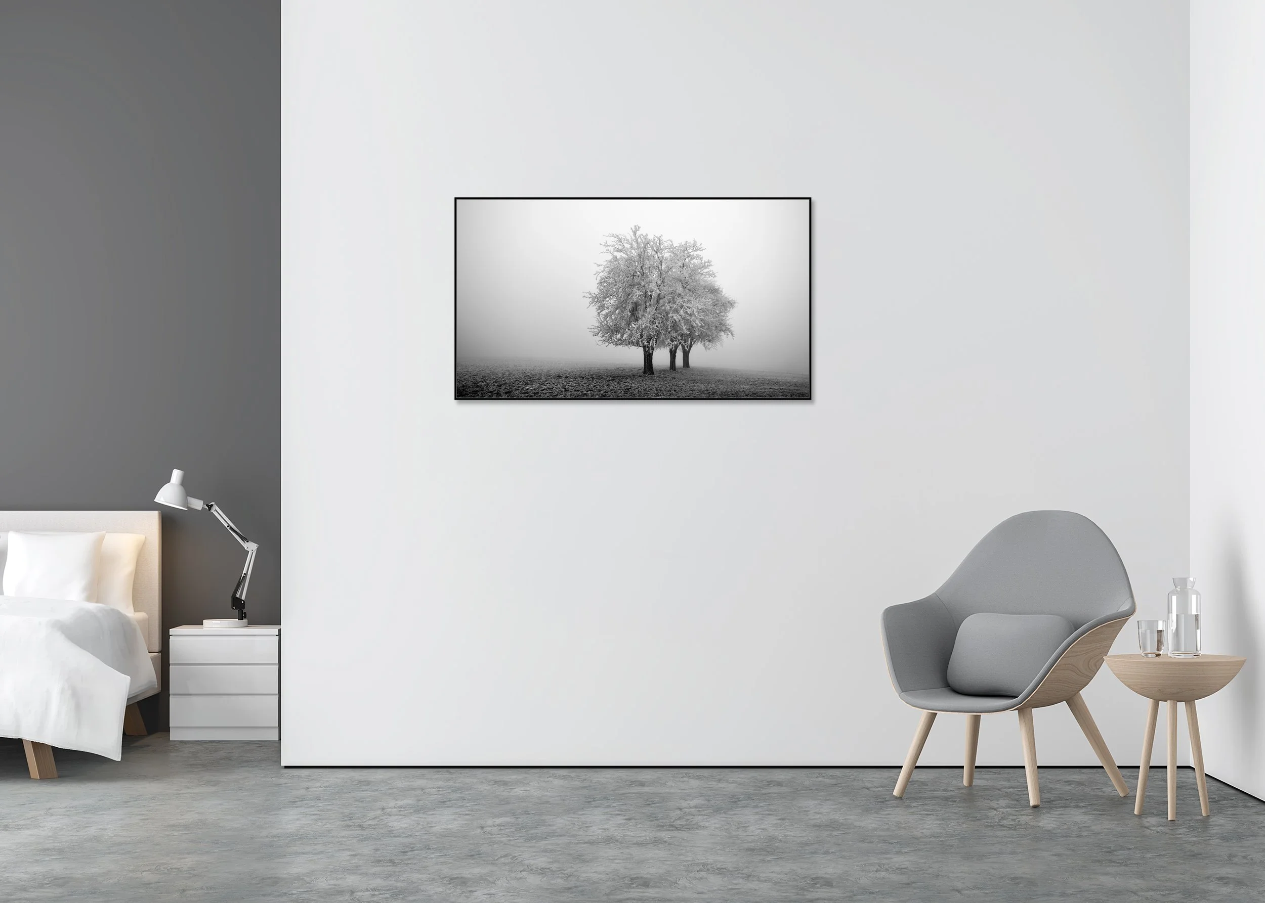 Black and white photo print of three frost-covered leafless trees on a misty field, mounted to Dibond in an aluminium ArtBox frame
