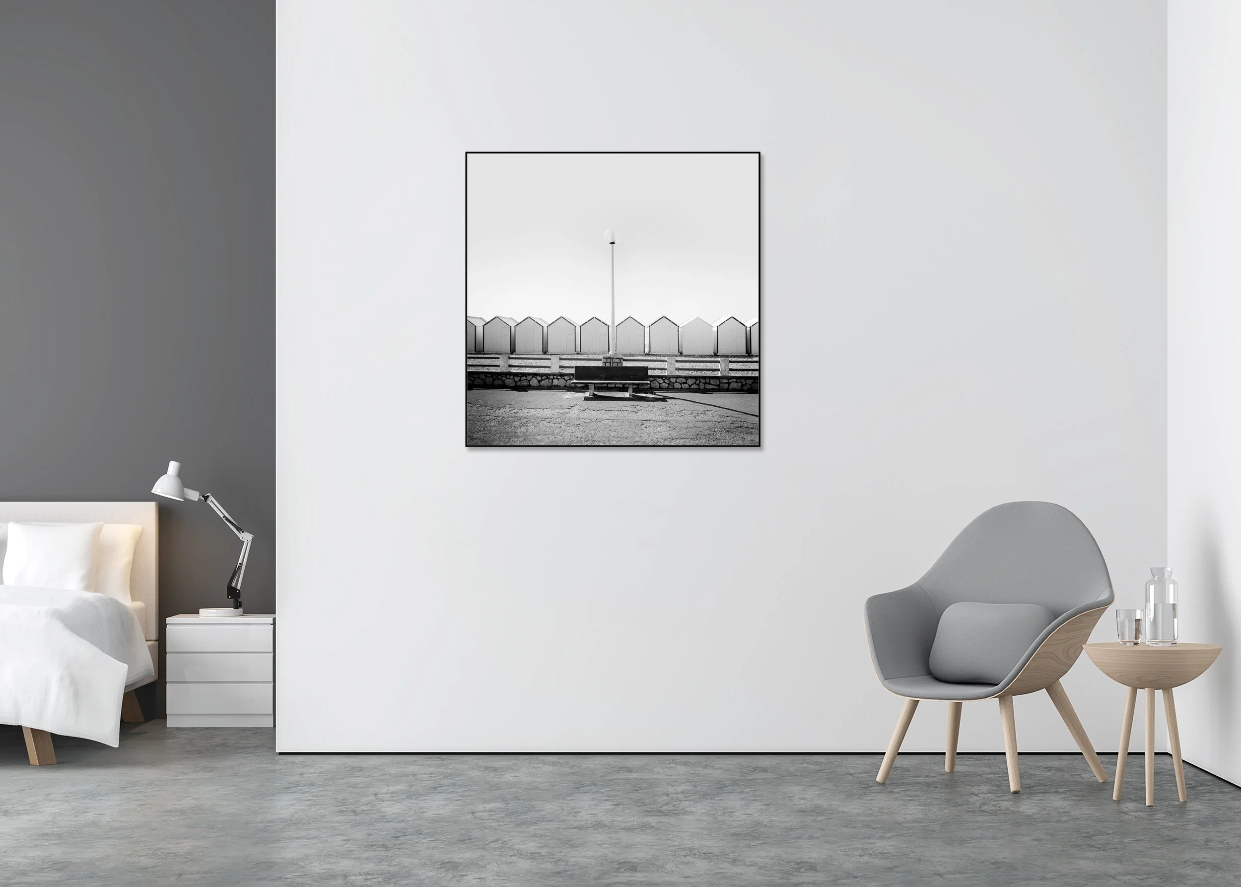 Bench on the Promenade Study 1 displayed in a modern interior, mounted on aluminium Dibond in a black ArtBox frame by Gerald Berghammer.