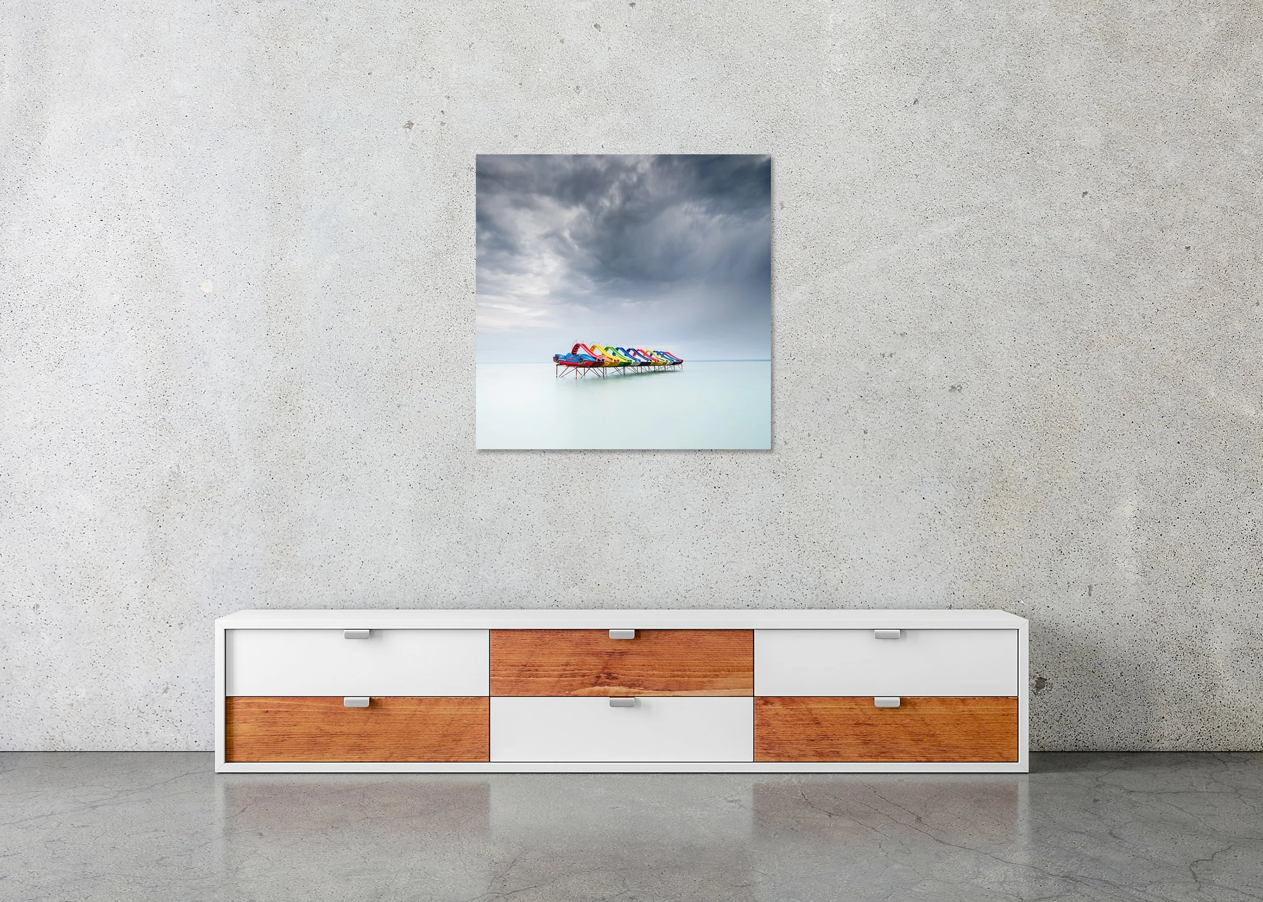 Pedal Boat, Colour Study 2 – frameless colour photograph on aluminium Dibond displayed in a minimalist interior. Photo by Gerald Berghammer.