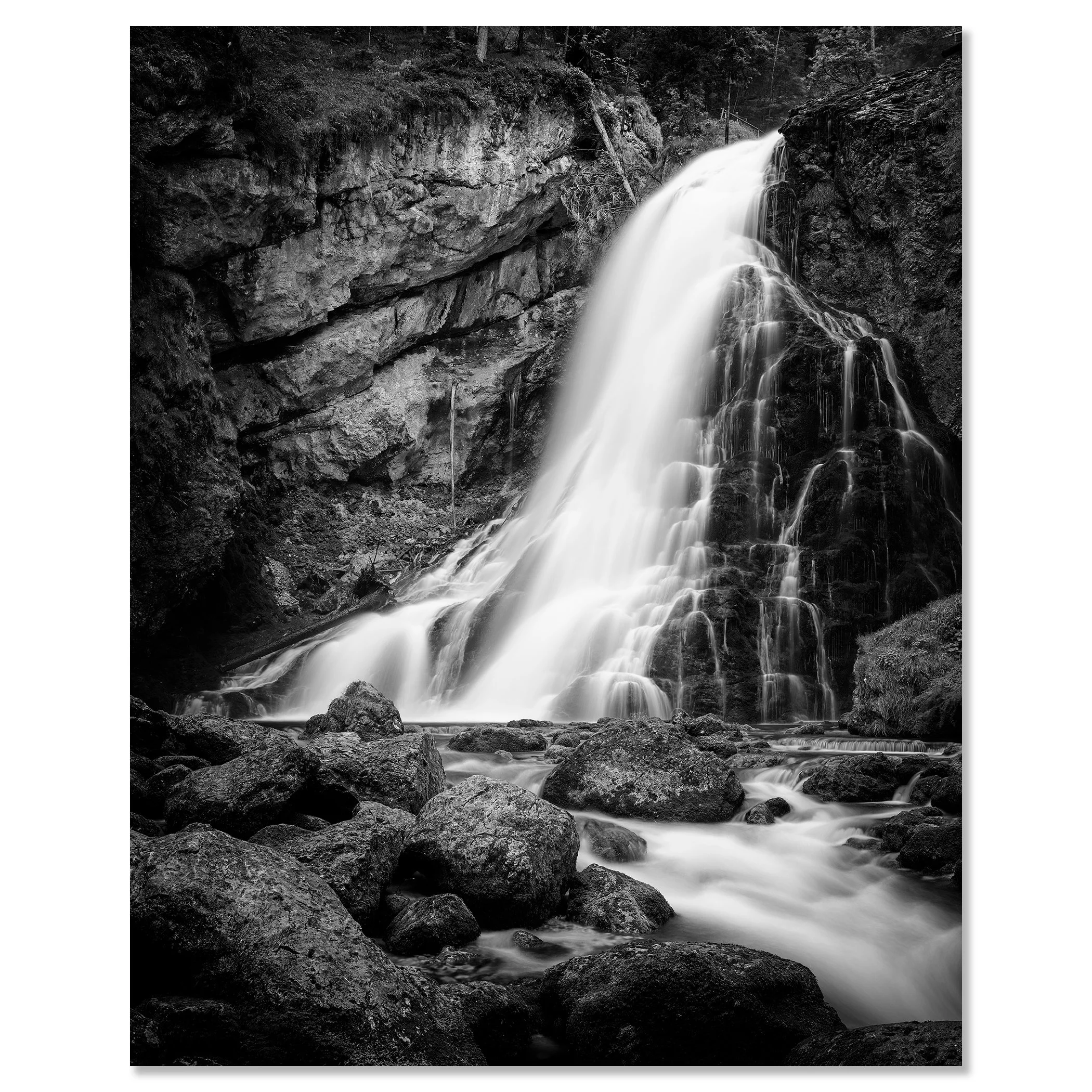 Golling Waterfall, Study 1 – Austria, black-and-white photograph mounted frameless on aluminium Dibond.