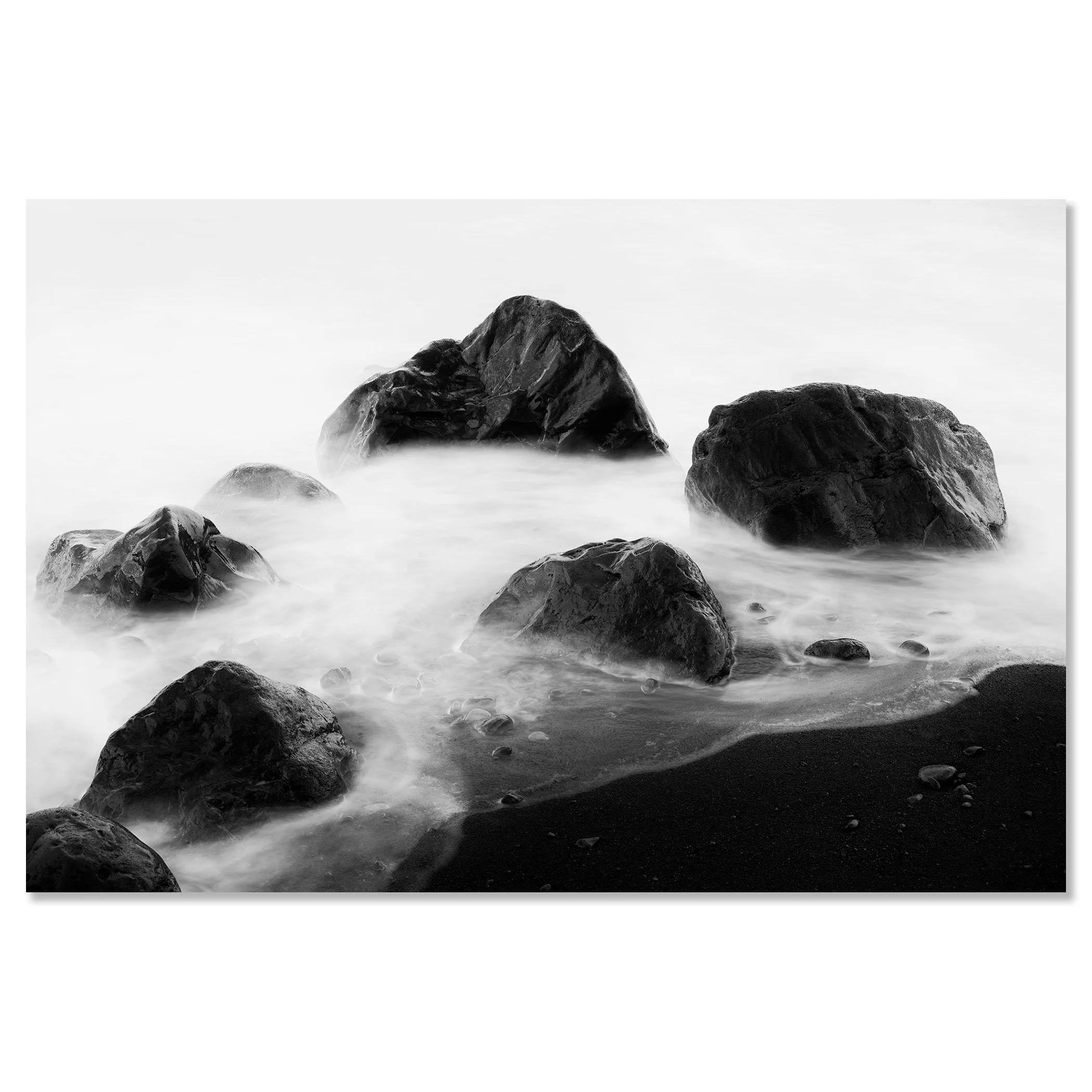 Black Rocks and a Few Stones – Spain, black-and-white photo print on frameless aluminium Dibond.