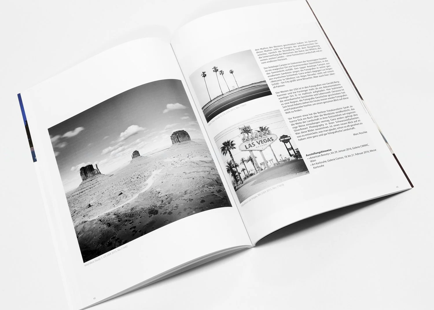 PhotoKlassik 2016 magazine spread displaying black-and-white desert landscapes, rock formations and palm tree photography by Gerald Berghammer.