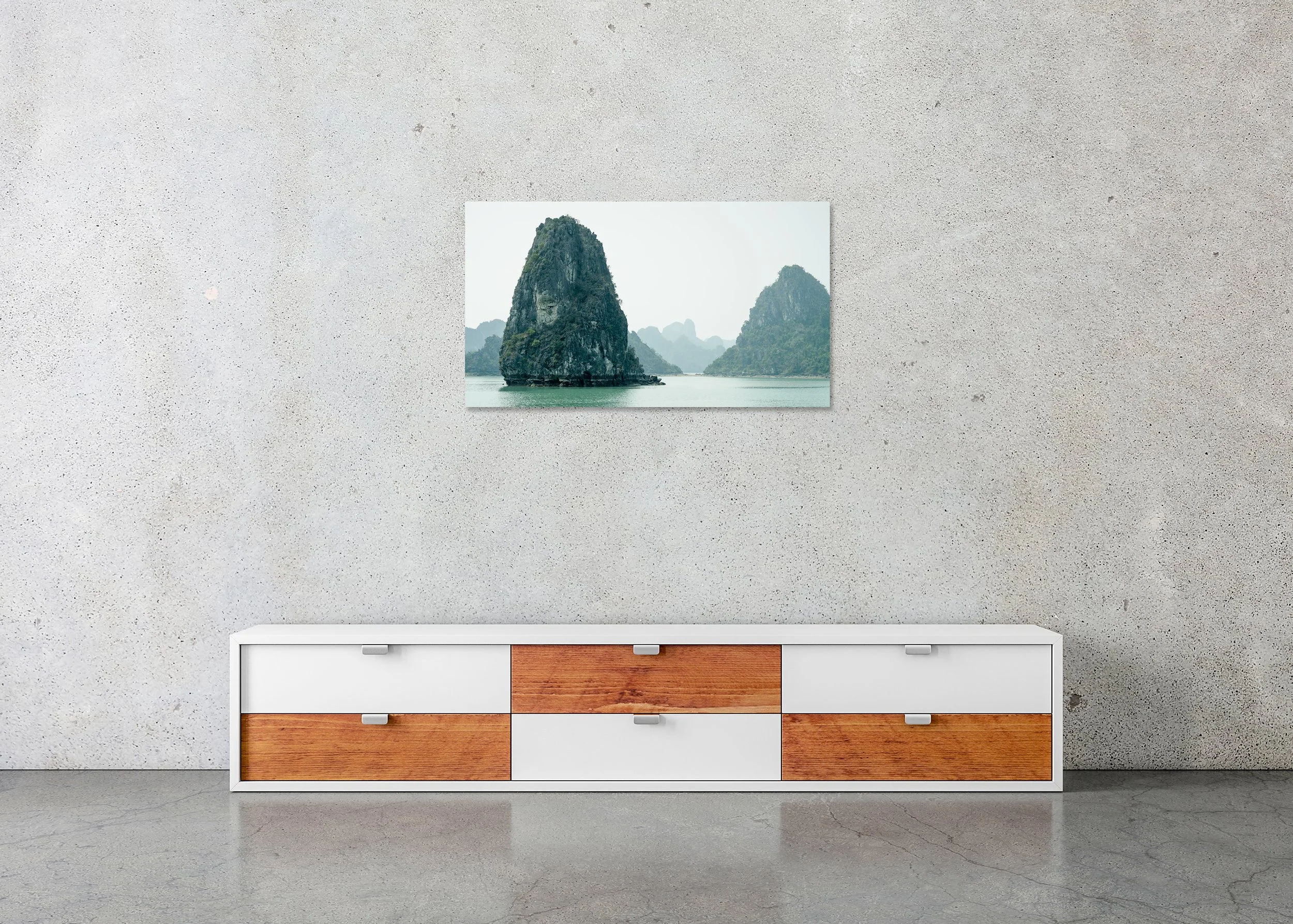 Green Limestone Cliffs Study 1 displayed in a modern interior as a frameless colour artwork mounted on aluminium Dibond by Gerald Berghammer.