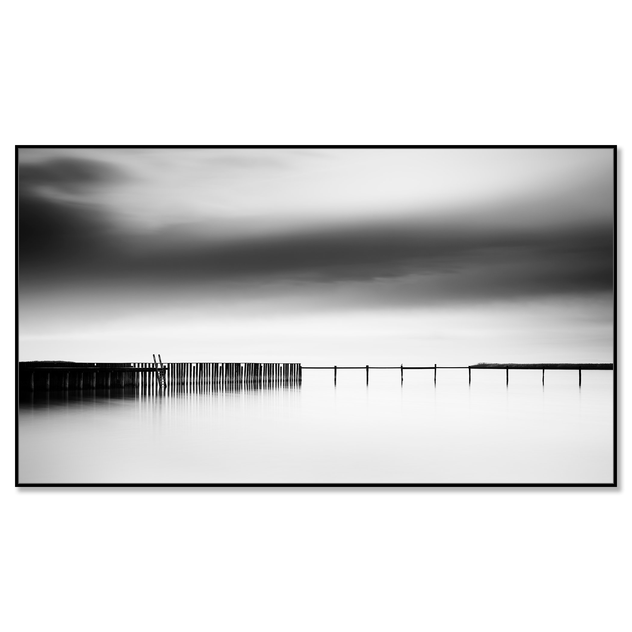 Black and white minimalist waterscape of a floating dock on Lake Neusiedl, Austria – framed ArtBox black