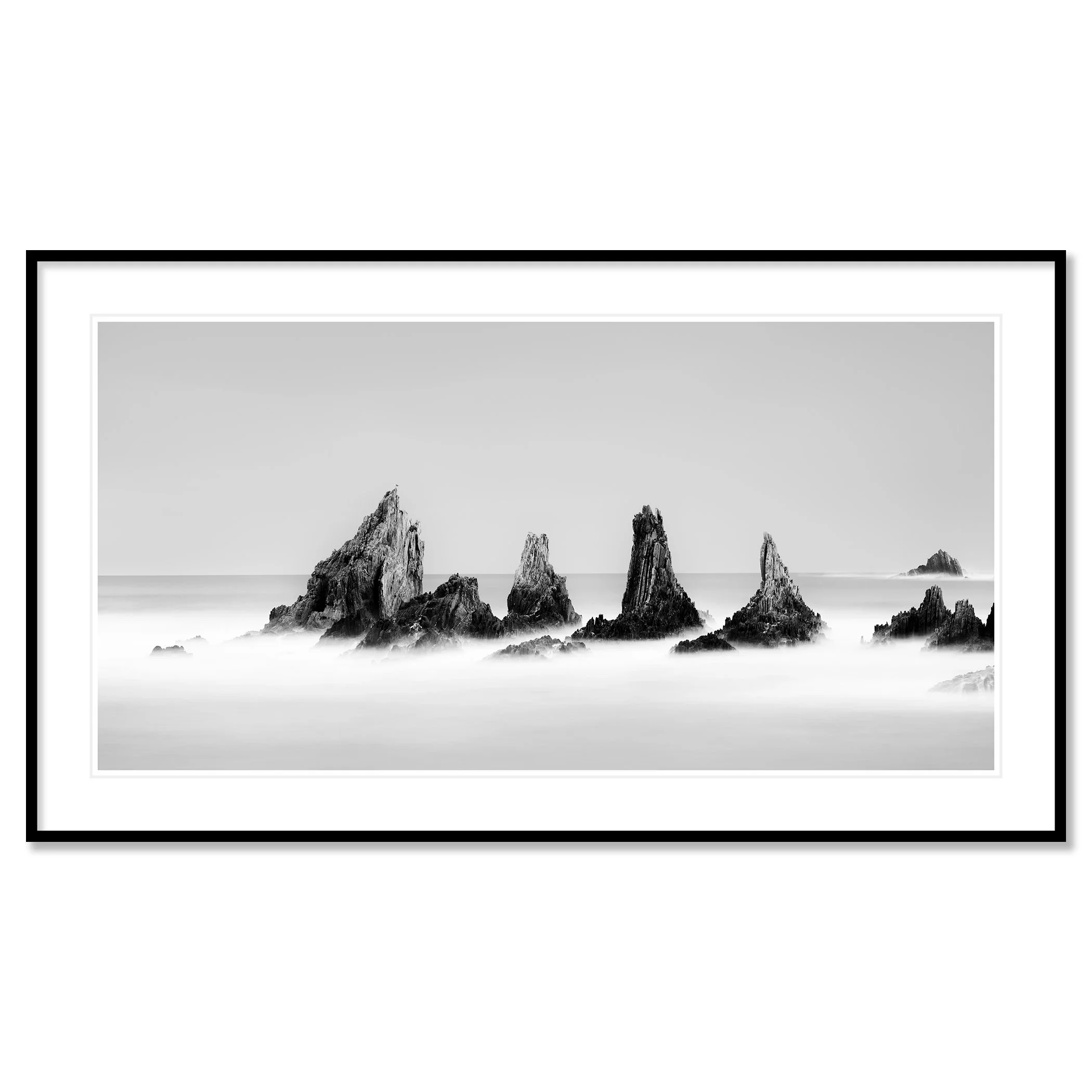 Rocky Peaks Panorama, Study 2 shown as an archival pigment print in a black aluminium frame with a white mount by Gerald Berghammer.