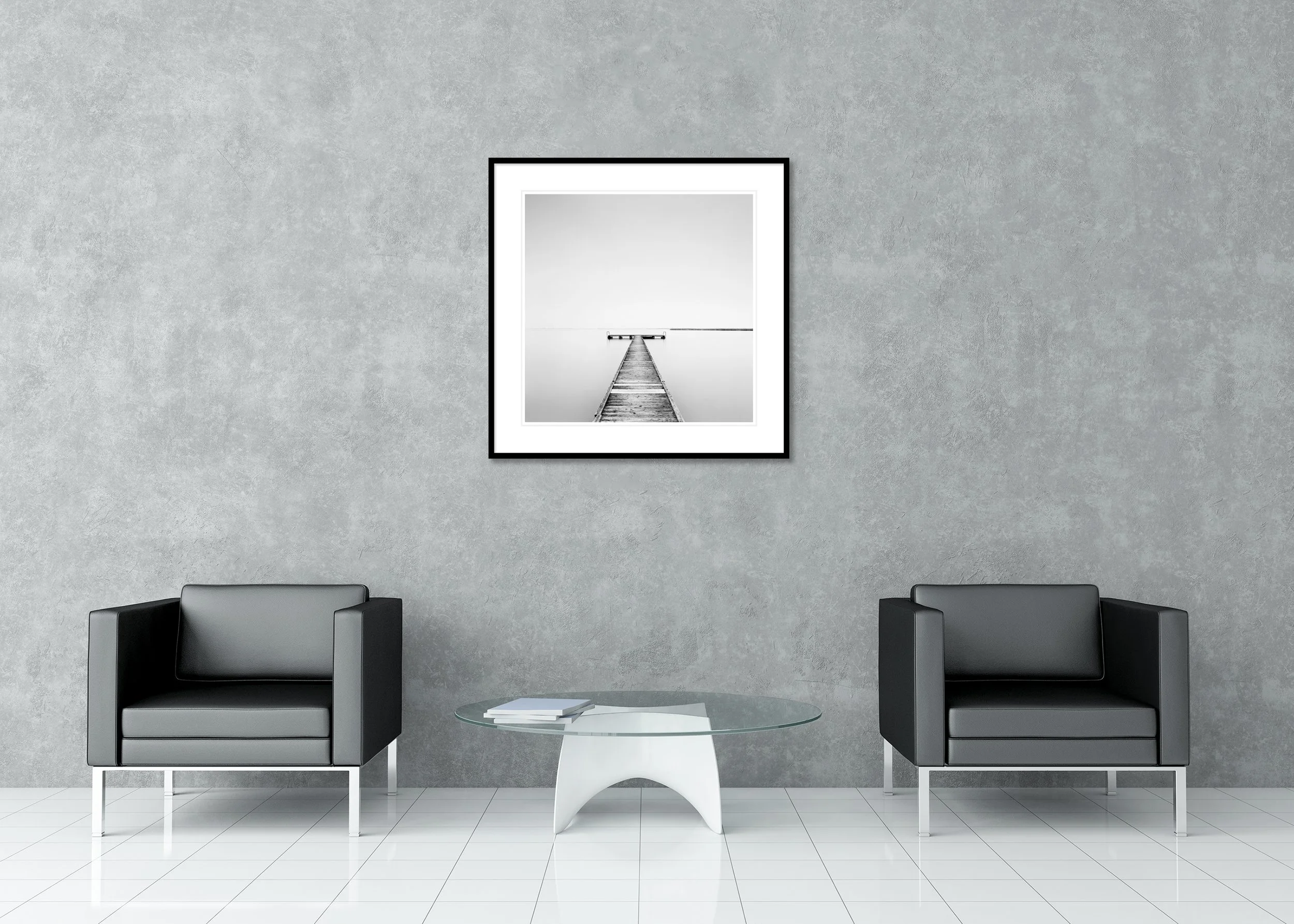 Pier Study 1 displayed in a modern interior as an archival pigment print in a black aluminium frame with a white mount.