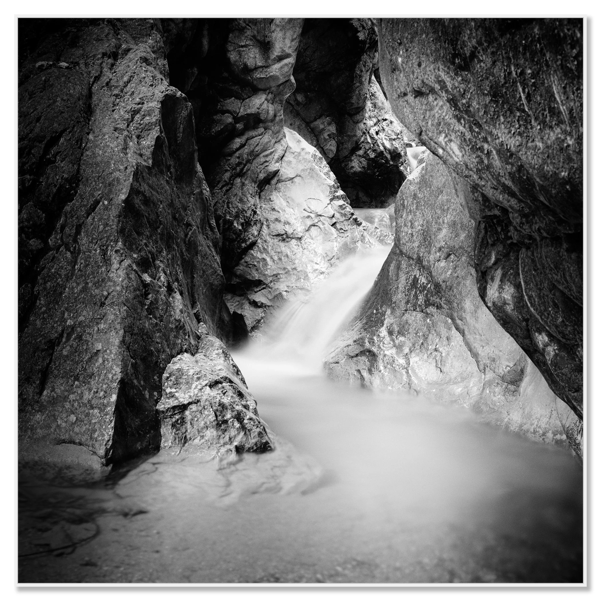 Wild Water Canyon Study 1 – Austria, black-and-white photograph in a white aluminium ArtBox frame