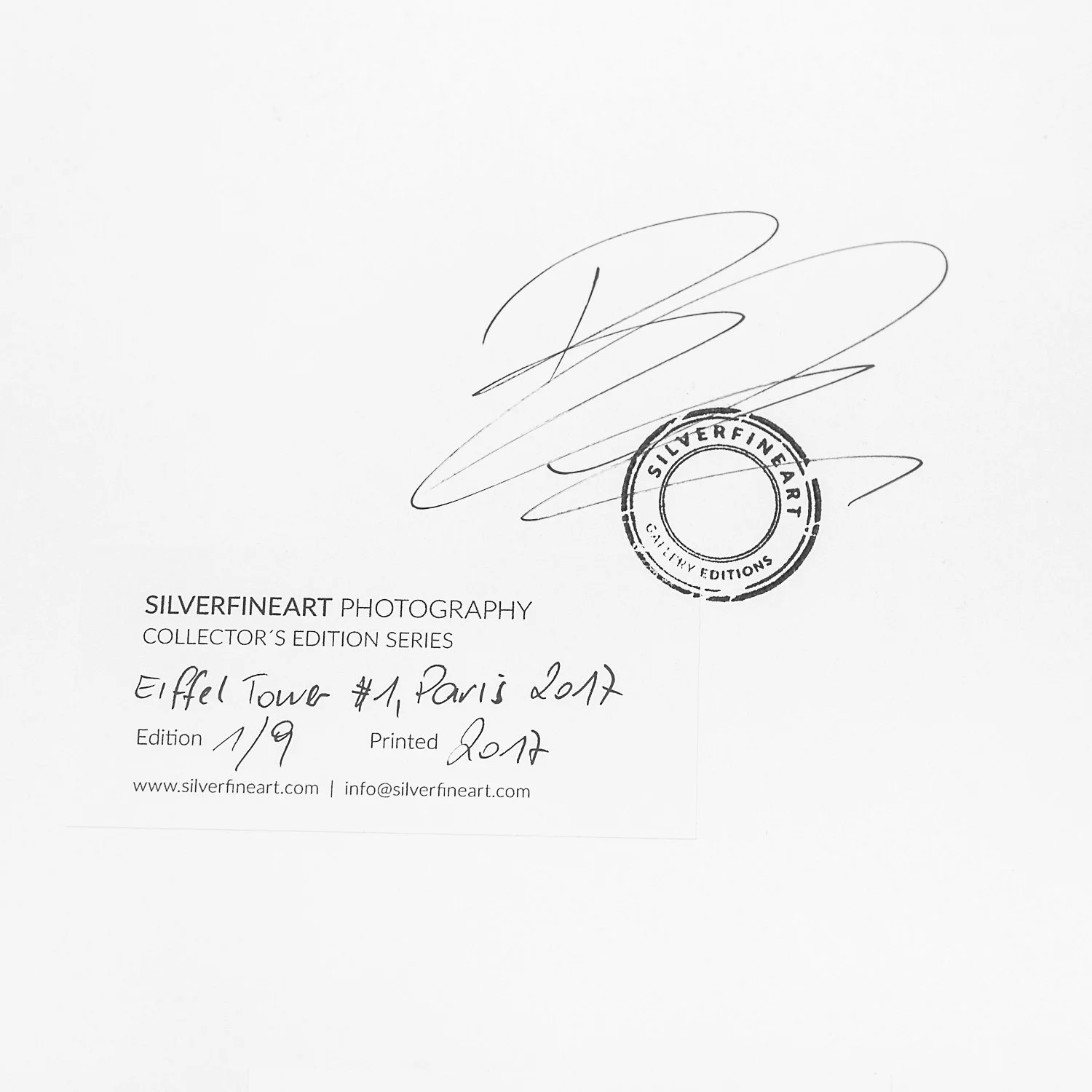 Close-up of Gerald Berghammer's signature, SILVERFINEART stamp and handwritten edition 1/9, printed 2017.