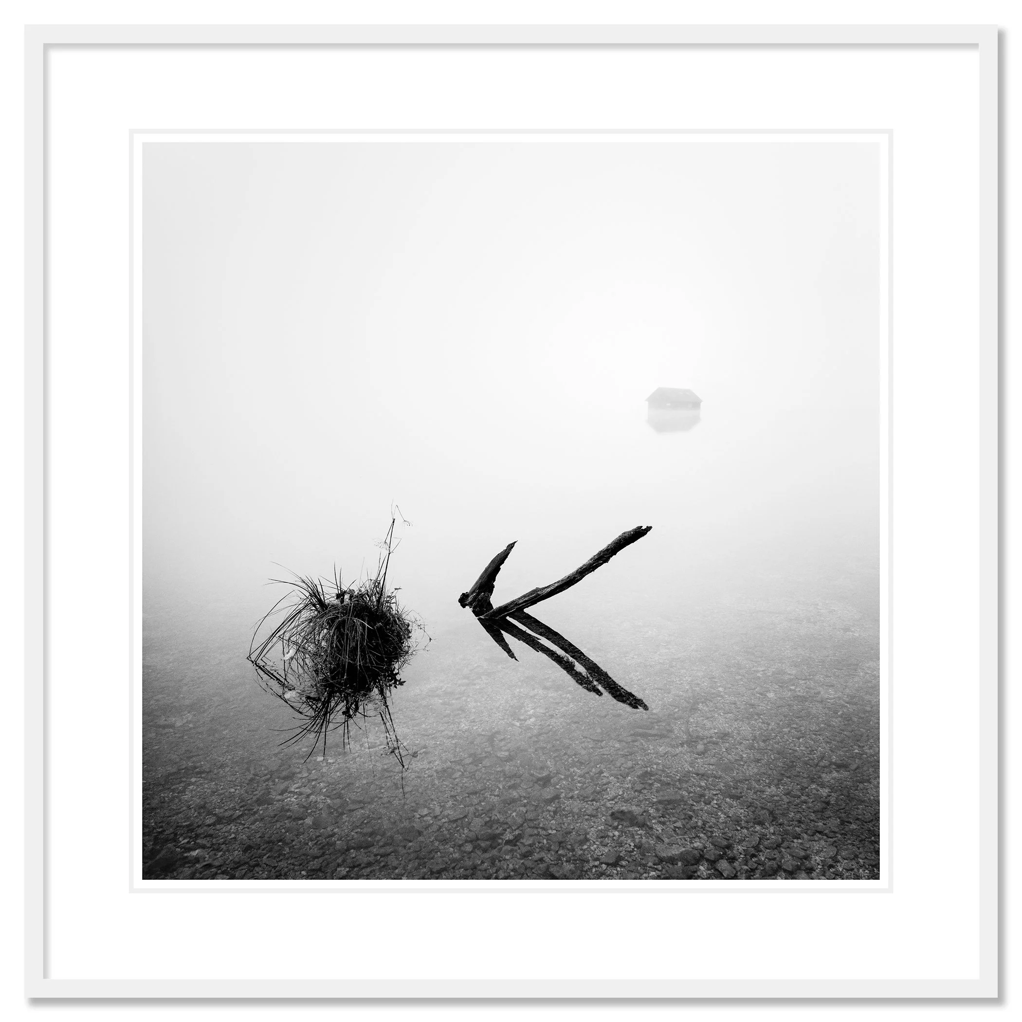 The Lake House at Lake Almsee, Austria, black-and-white fine art print in a white aluminium frame with white mount by Gerald Berghammer.