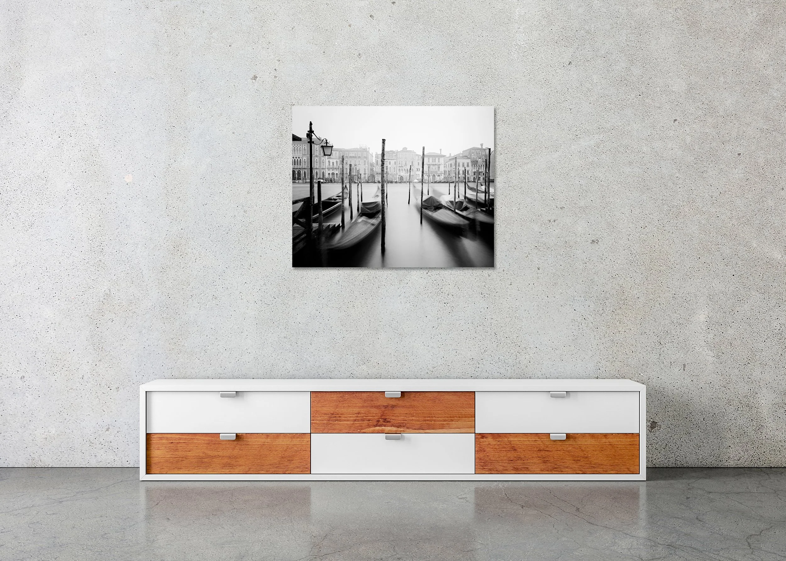Black and white long-exposure photograph of gondolas in Venice by Gerald Berghammer, printed as a frameless Chromaluxe aluminum wall art.