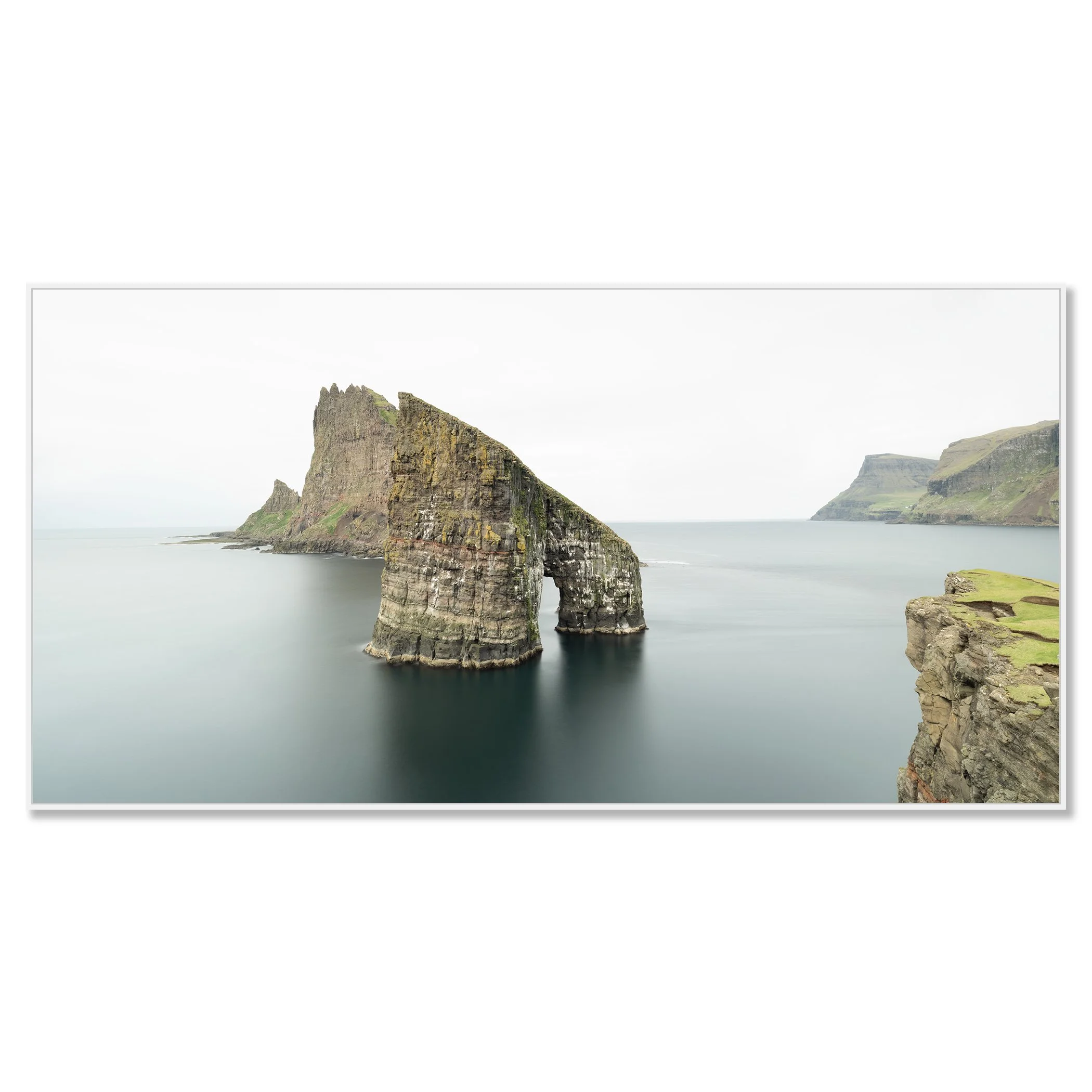 Drangarnir, Panorama Study 1 – Faroe Islands, colour photograph in a white aluminium ArtBox frame.