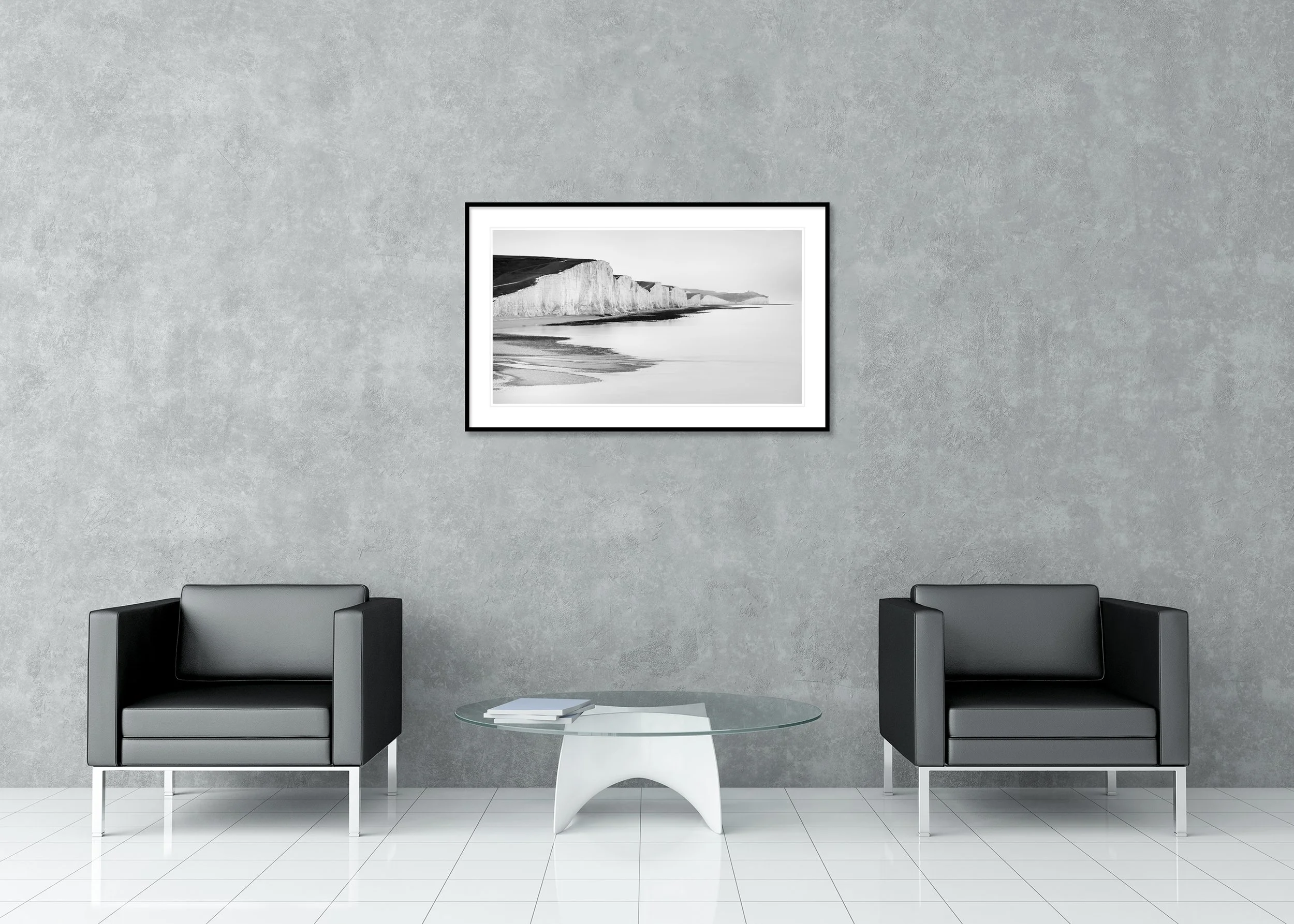 Dramatic white cliffs along the English Channel in Sussex, England, black and white archival pigment print in a classic frame with a mount