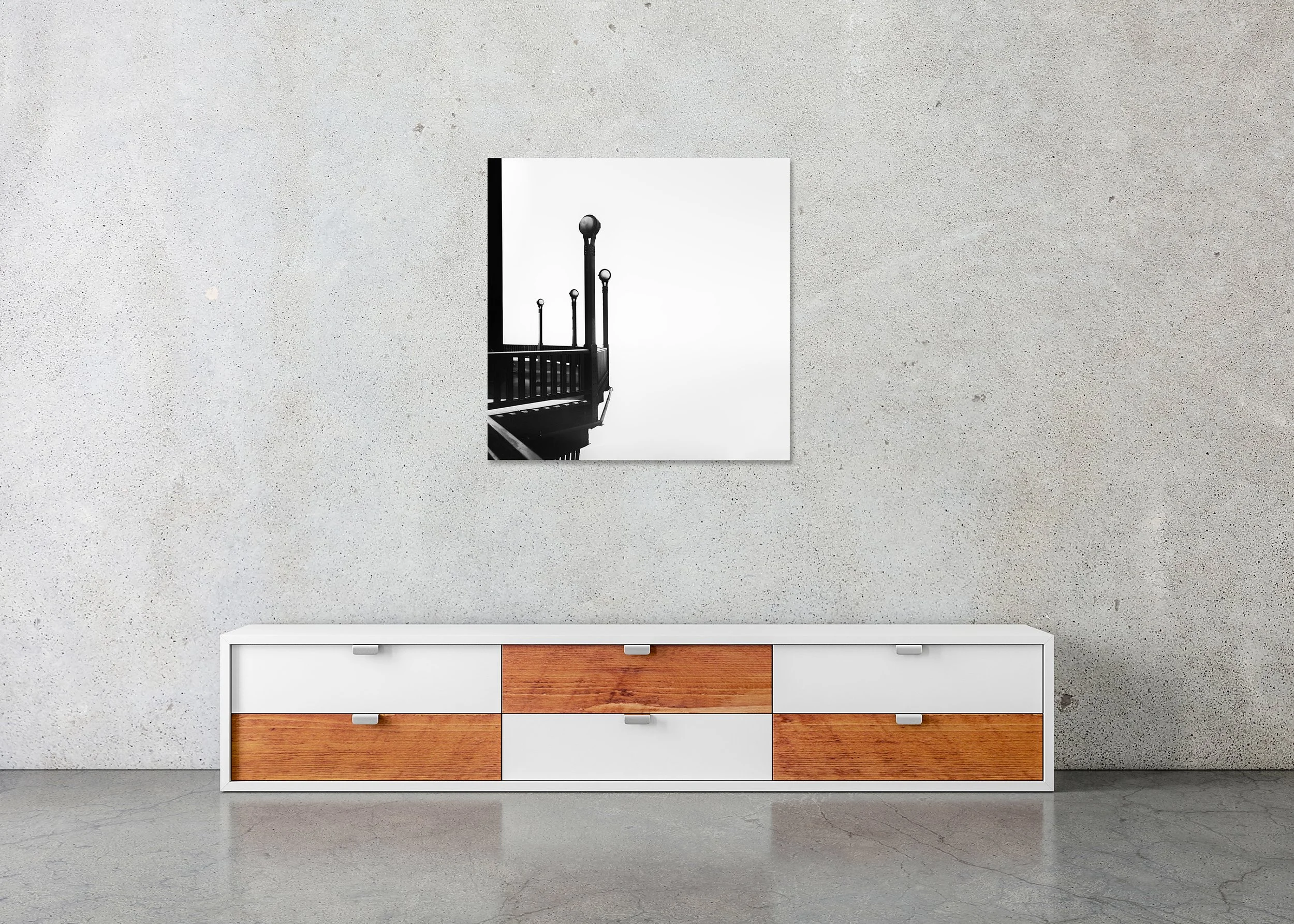 Golden Gate, Study 6 displayed in a modern interior as a frameless black-and-white aluminium Dibond print by Gerald Berghammer.