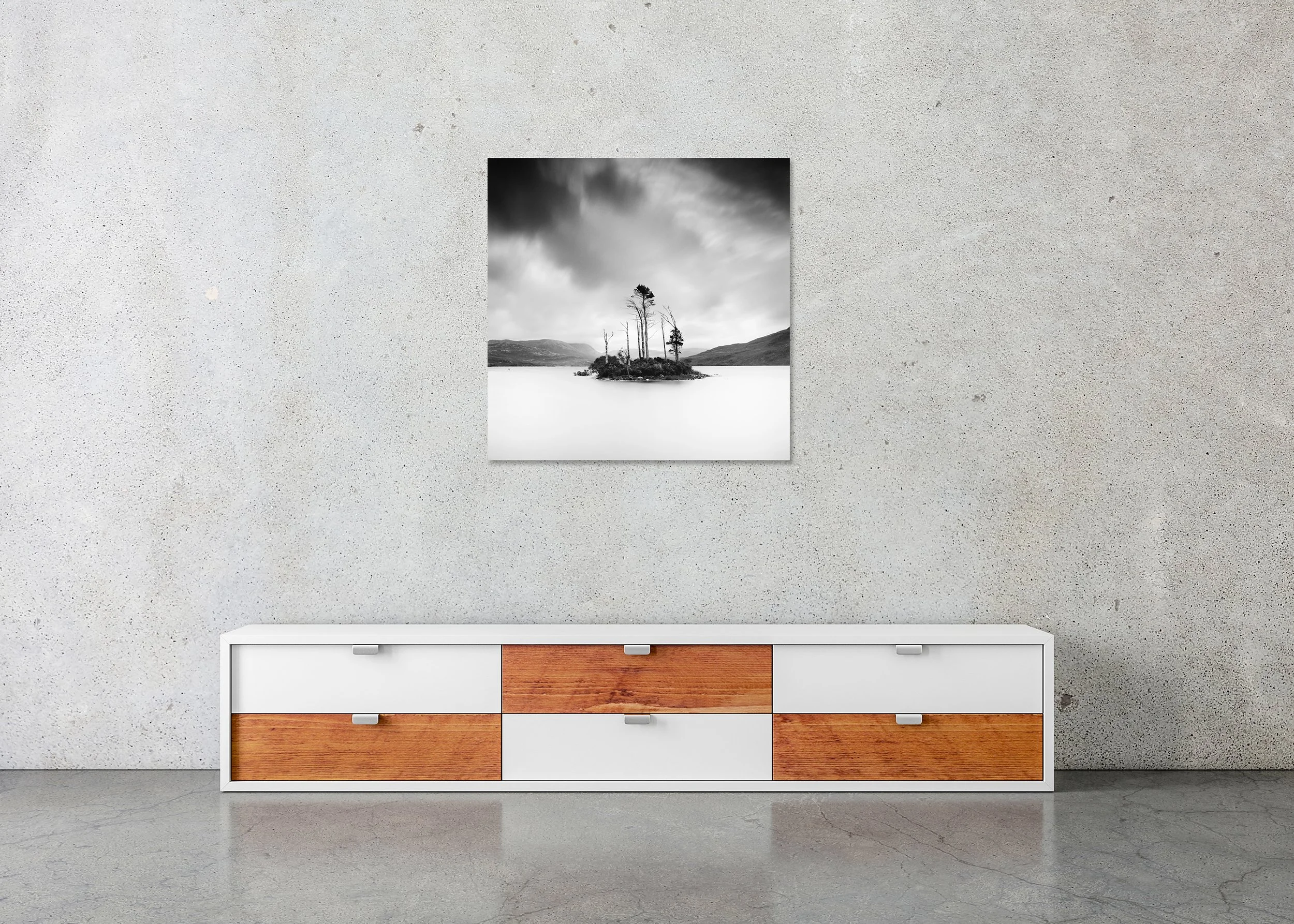Drowned Island Study 1 displayed in a modern interior as a frameless black-and-white aluminium Dibond print by Gerald Berghammer.