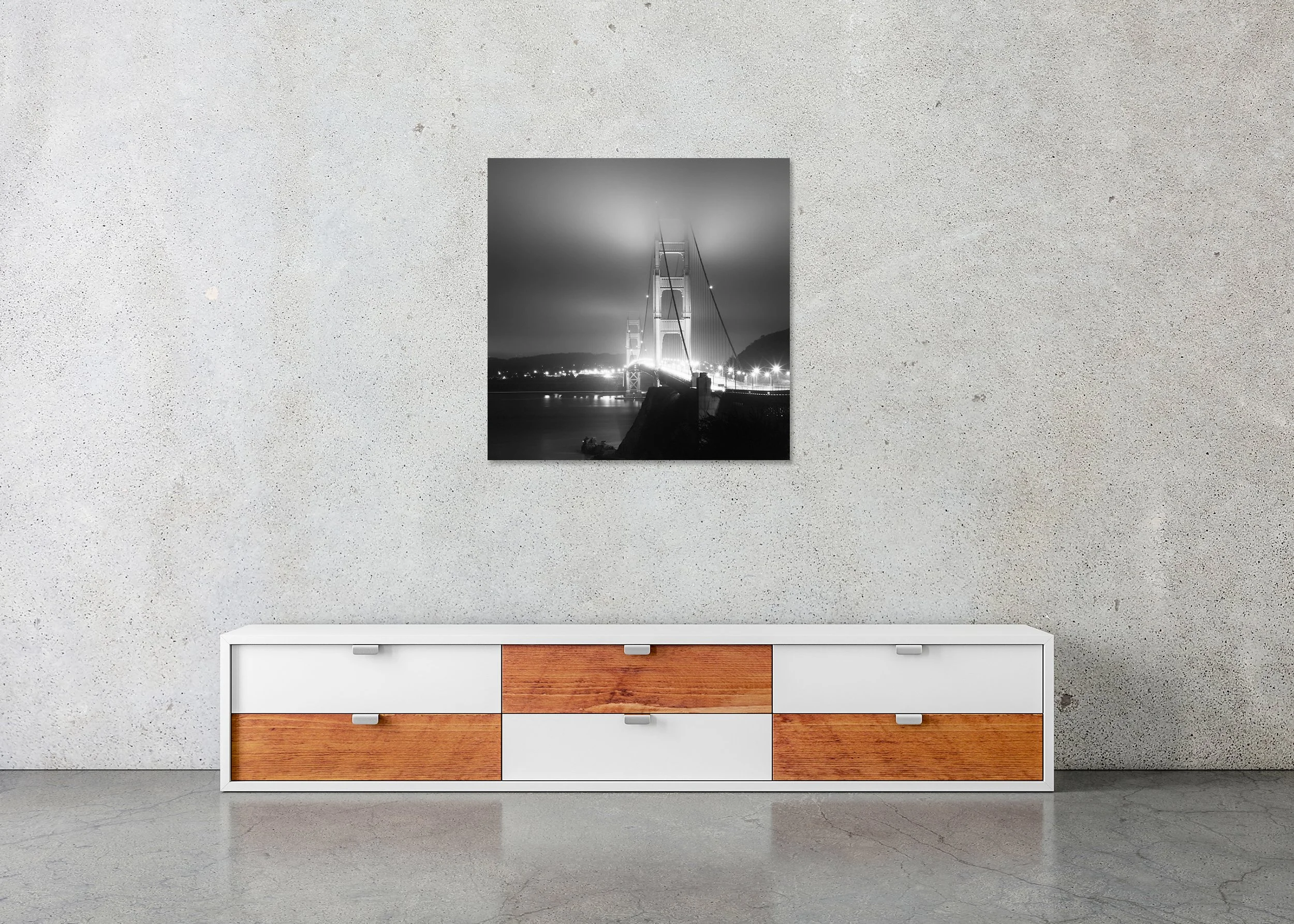 Golden Gate Bridge Study 4 displayed frameless on a wall, mounted on aluminium Dibond by Gerald Berghammer.