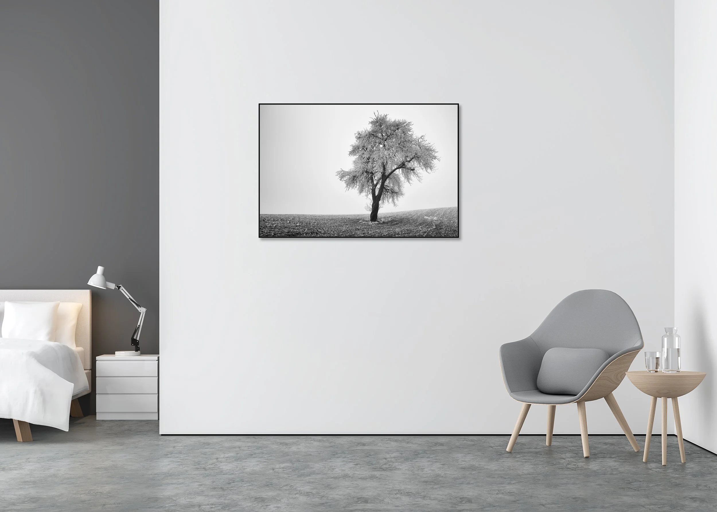 Minimalist black and white photograph of a lone frost-covered tree standing in a quiet winter field. ChromaLuxe Metal Print – Aluminium ArtBox