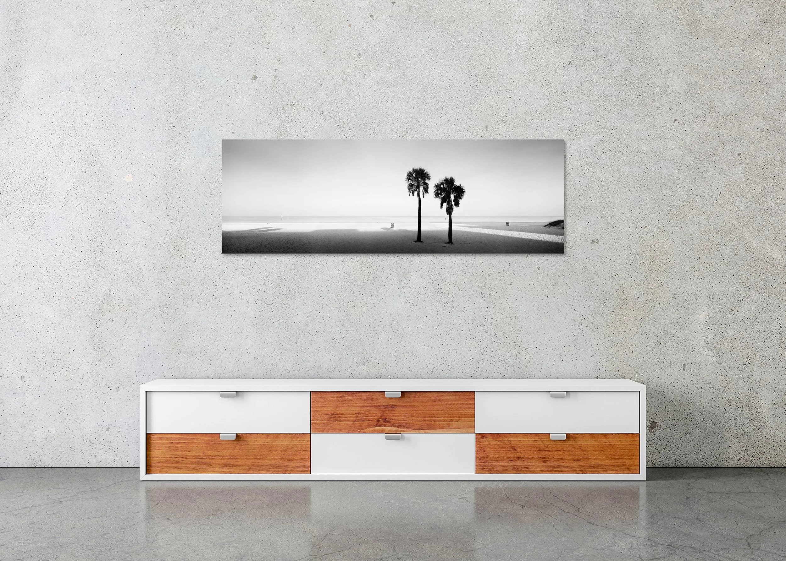 Two Palms Study 1 displayed in a modern interior as a frameless black-and-white artwork mounted on aluminium Dibond by Gerald Berghammer.