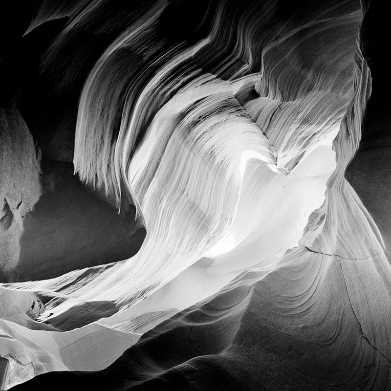 Heart by Gerald Berghammer, black-and-white fine art photograph of sculptural sandstone formations in Antelope Canyon, Arizona, USA.
