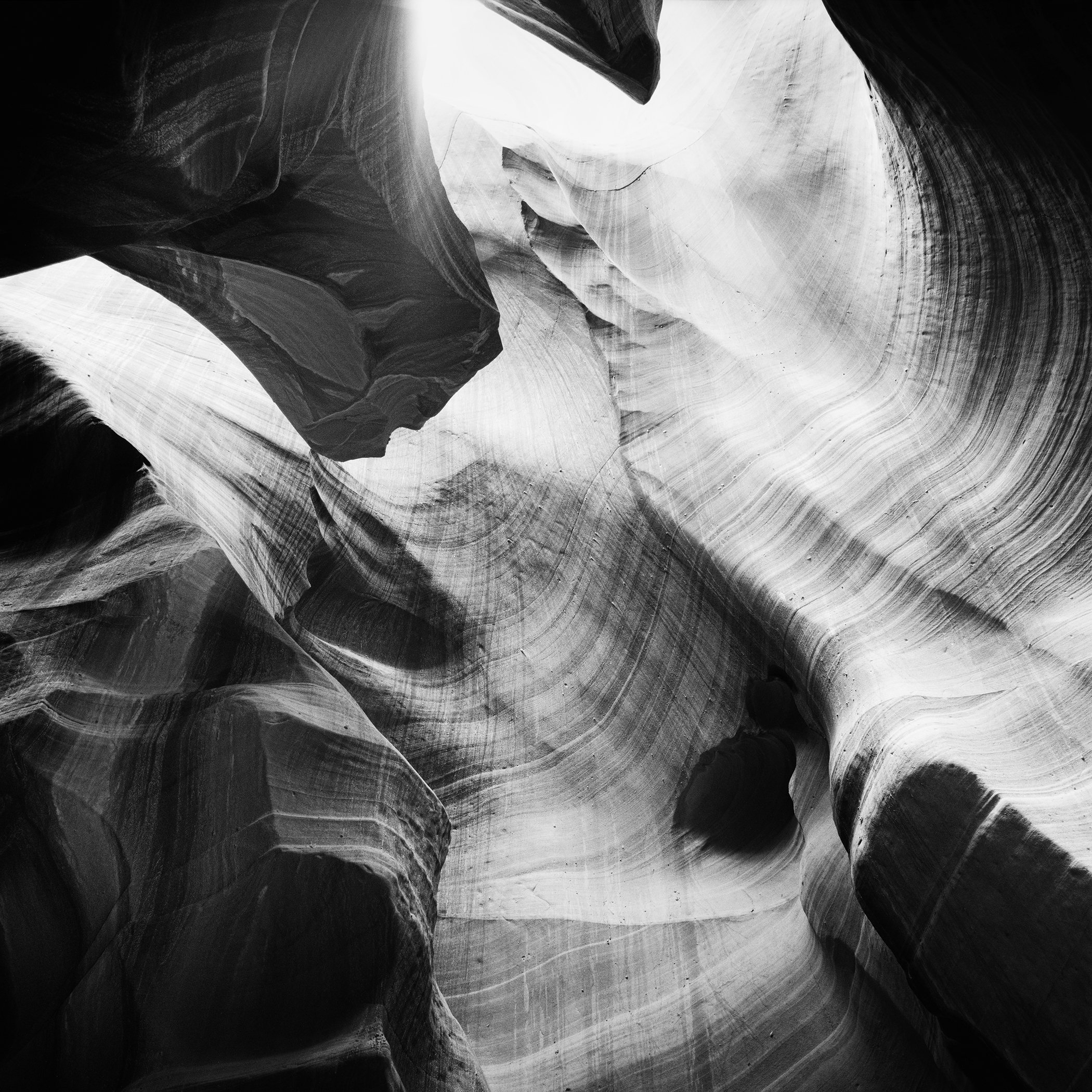 Antelope Canyon Study 8 by Gerald Berghammer, black-and-white analogue fine art photograph of Antelope Canyon near Page, Arizona, USA.