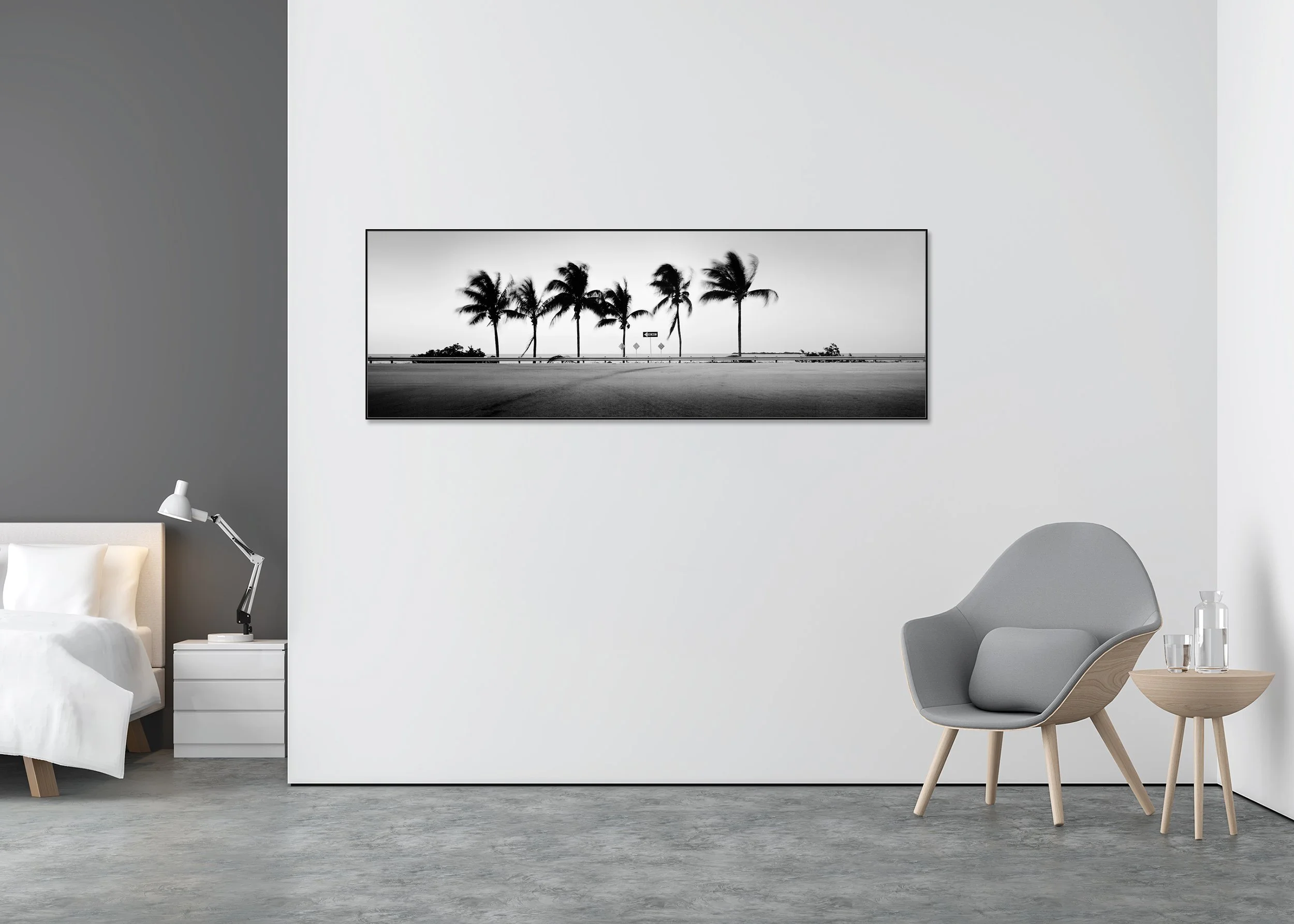 One Way Panorama Study 1 displayed in a modern interior as a black-and-white Dibond print in a black aluminium ArtBox frame by Gerald Berghammer.