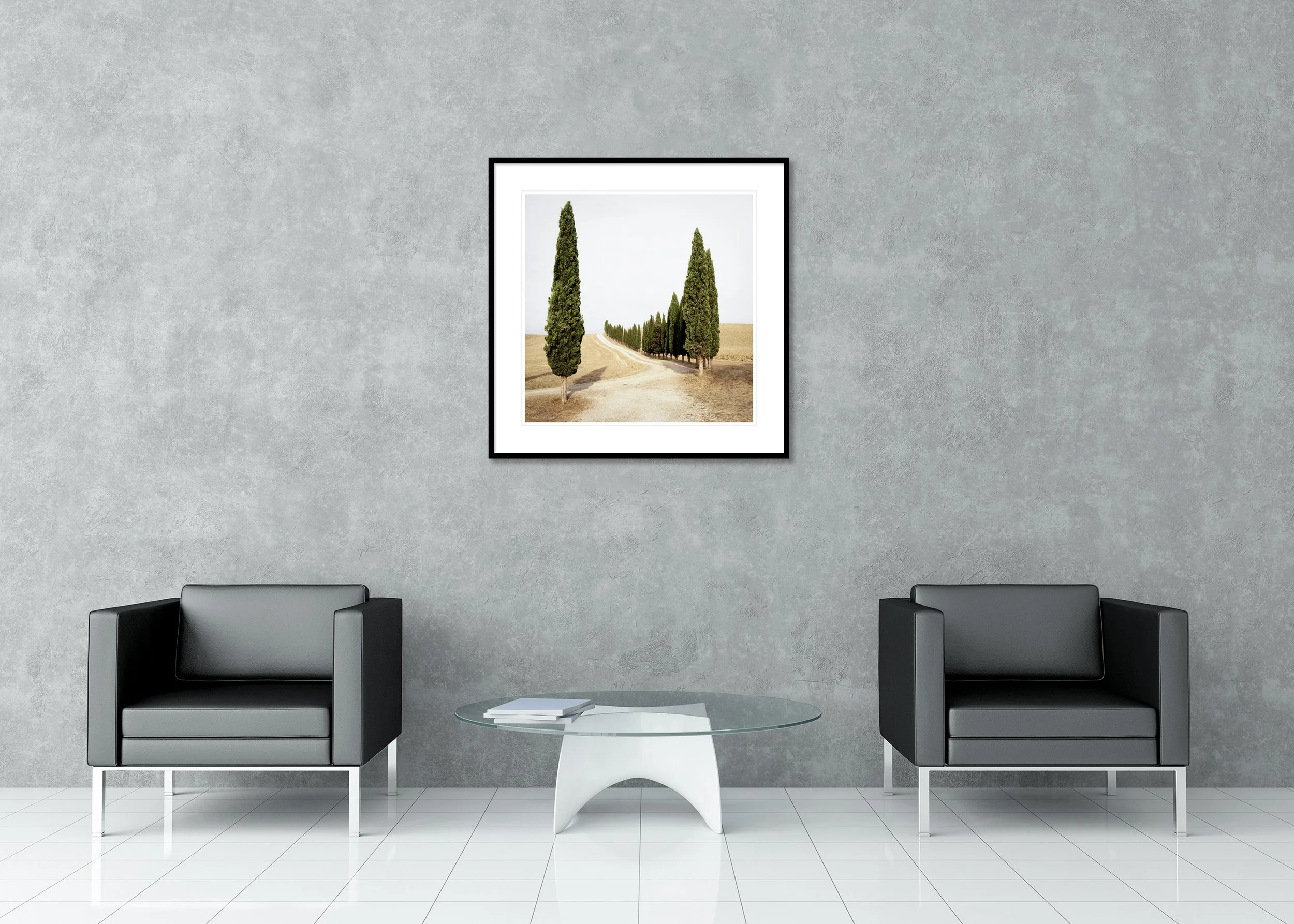 Road with Cypress Trees, Study 1 – archival pigment print in a black aluminium frame with a white mount in a modern lounge.