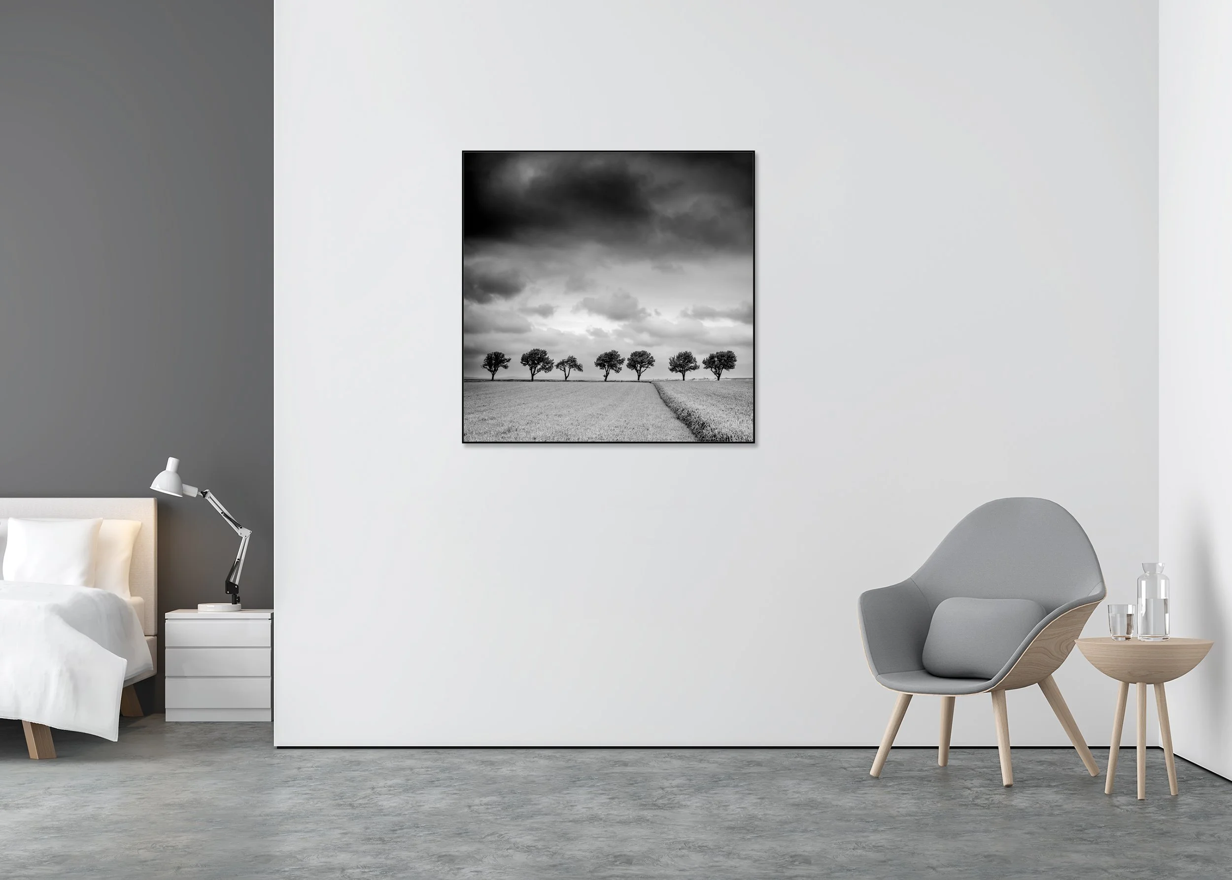Trees at the Edge of a Field, Study 1 – black aluminium ArtBox displayed in a minimalist bedroom. Photo by Gerald Berghammer.