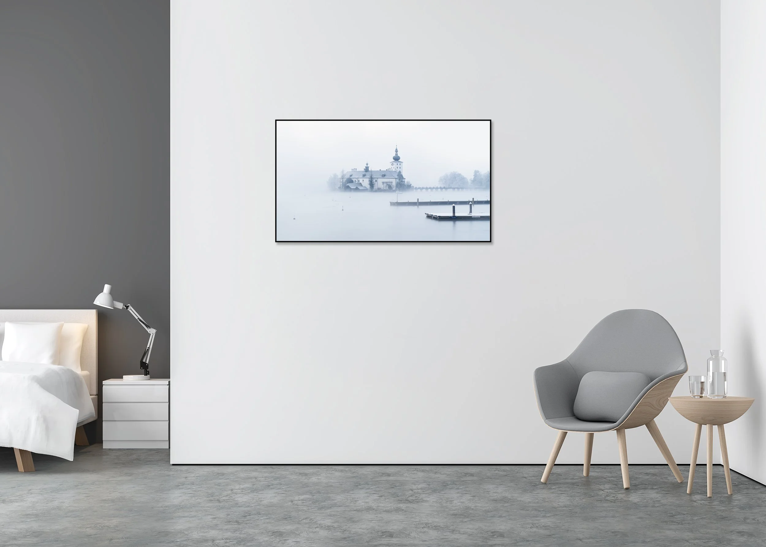 Seeschloss Ort in Winter, Study 1 – panoramic colour photograph on Dibond in an aluminium ArtBox displayed in a minimalist interior. Photo by Gerald Berghammer.