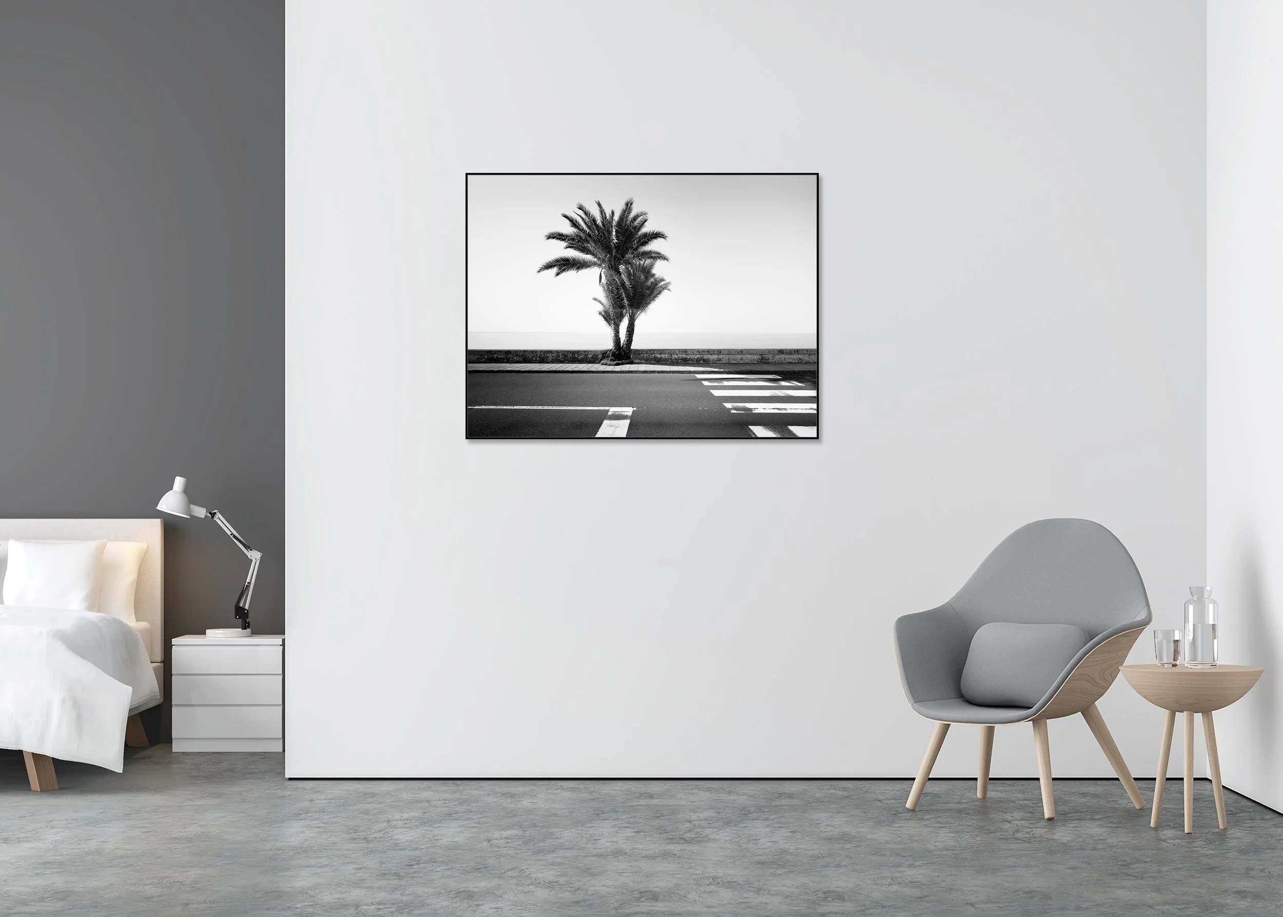 Palm Trees on the Roadside Study 1 – Madeira, black-and-white photo print on Dibond in a black aluminium ArtBox frame