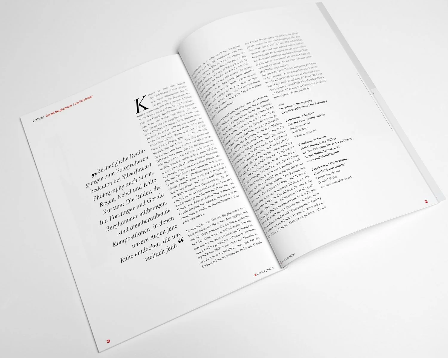 Fine Art Printer editorial feature about Gerald Berghammer and Ina Forstinger, exploring their approach to minimalist black-and-white fine art photography.