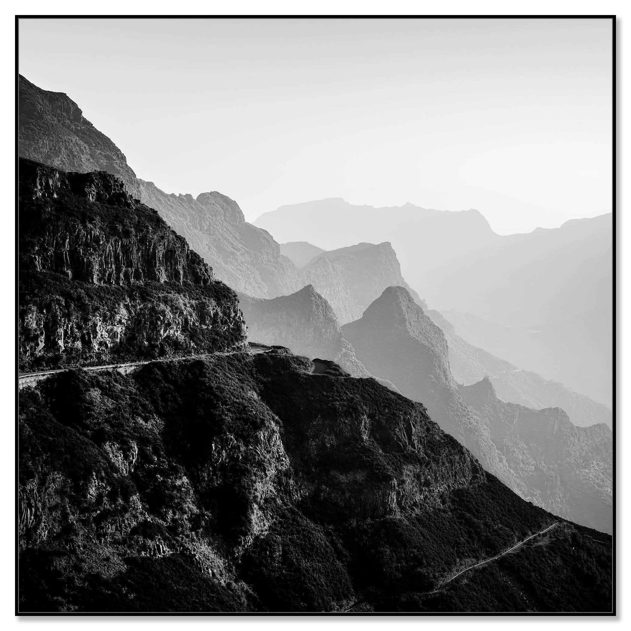 Madeira Peaks Study 1 by Gerald Berghammer, black-and-white mountain photograph mounted on aluminium Dibond in a black ArtBox frame.