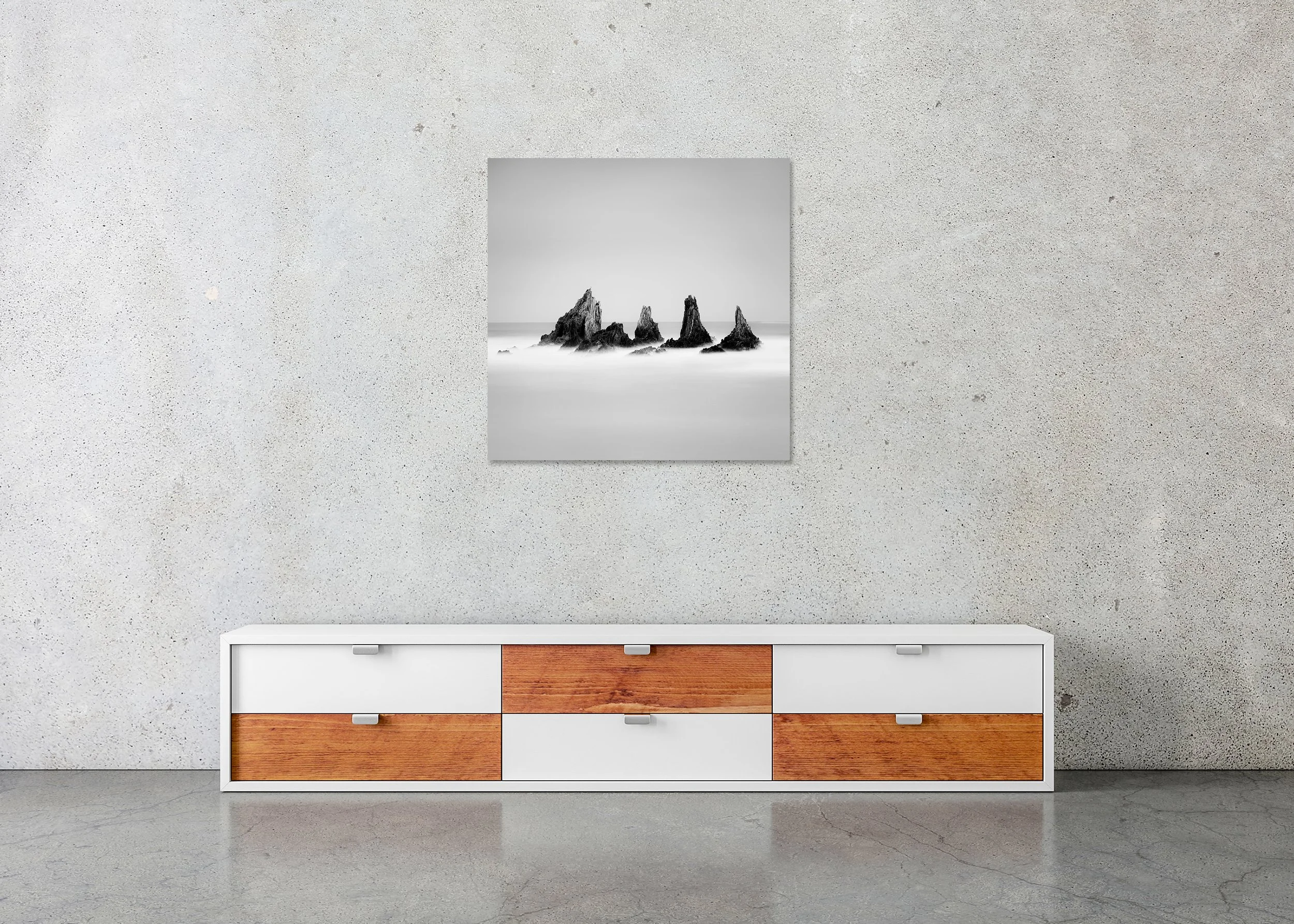 Rocky Peaks Study 1 displayed in a modern interior as a frameless black-and-white aluminium Dibond print by Gerald Berghammer.