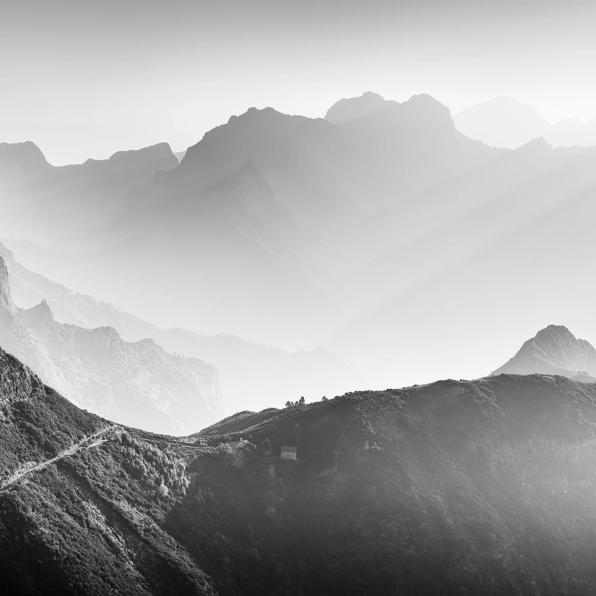Detail view of Morning Light in the Mountains Study 3 by Gerald Berghammer showing layered mountain peaks and atmospheric mist.
