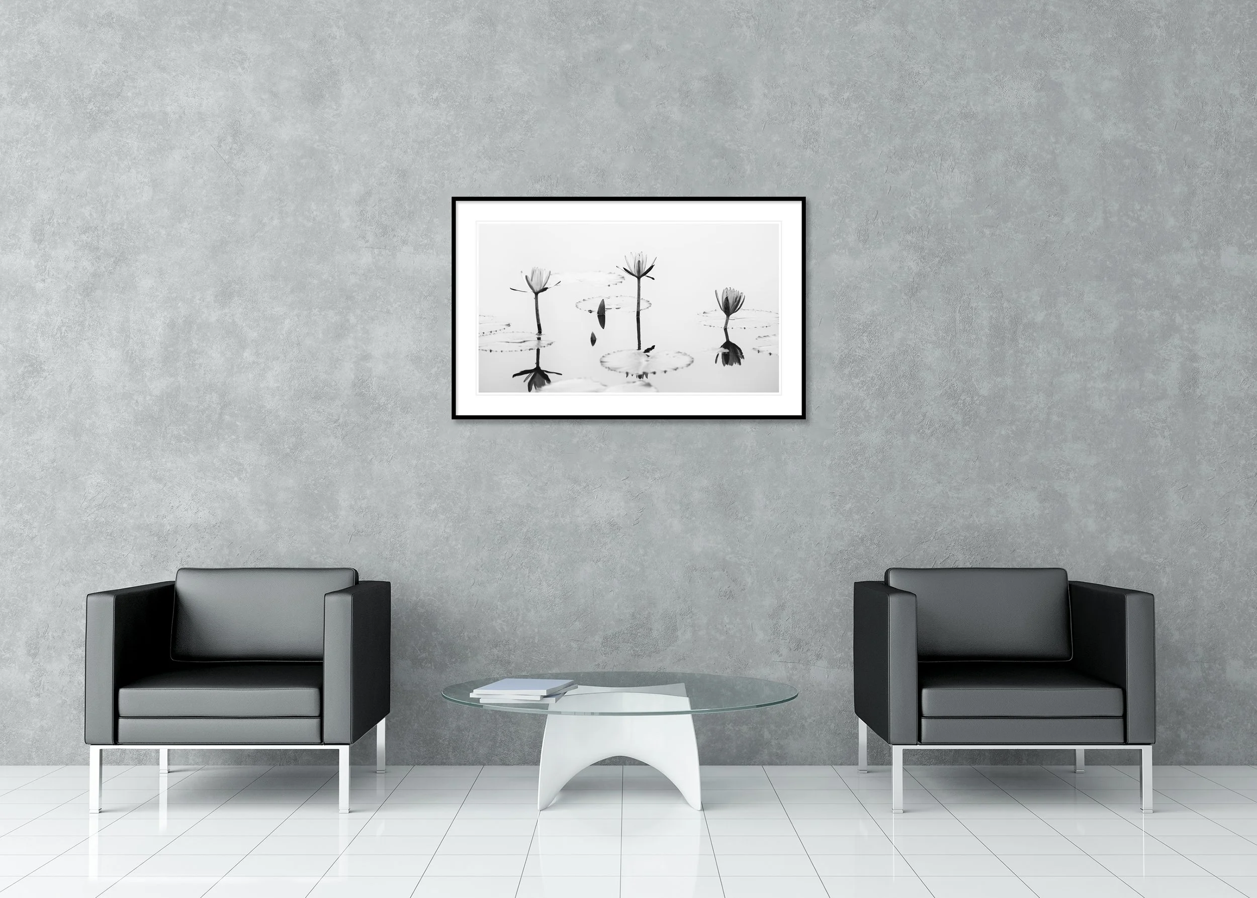 Lotus Flower, Panorama Study 2 displayed in a modern interior as an archival pigment print in a black aluminium frame with a white mount by Gerald Berghammer.