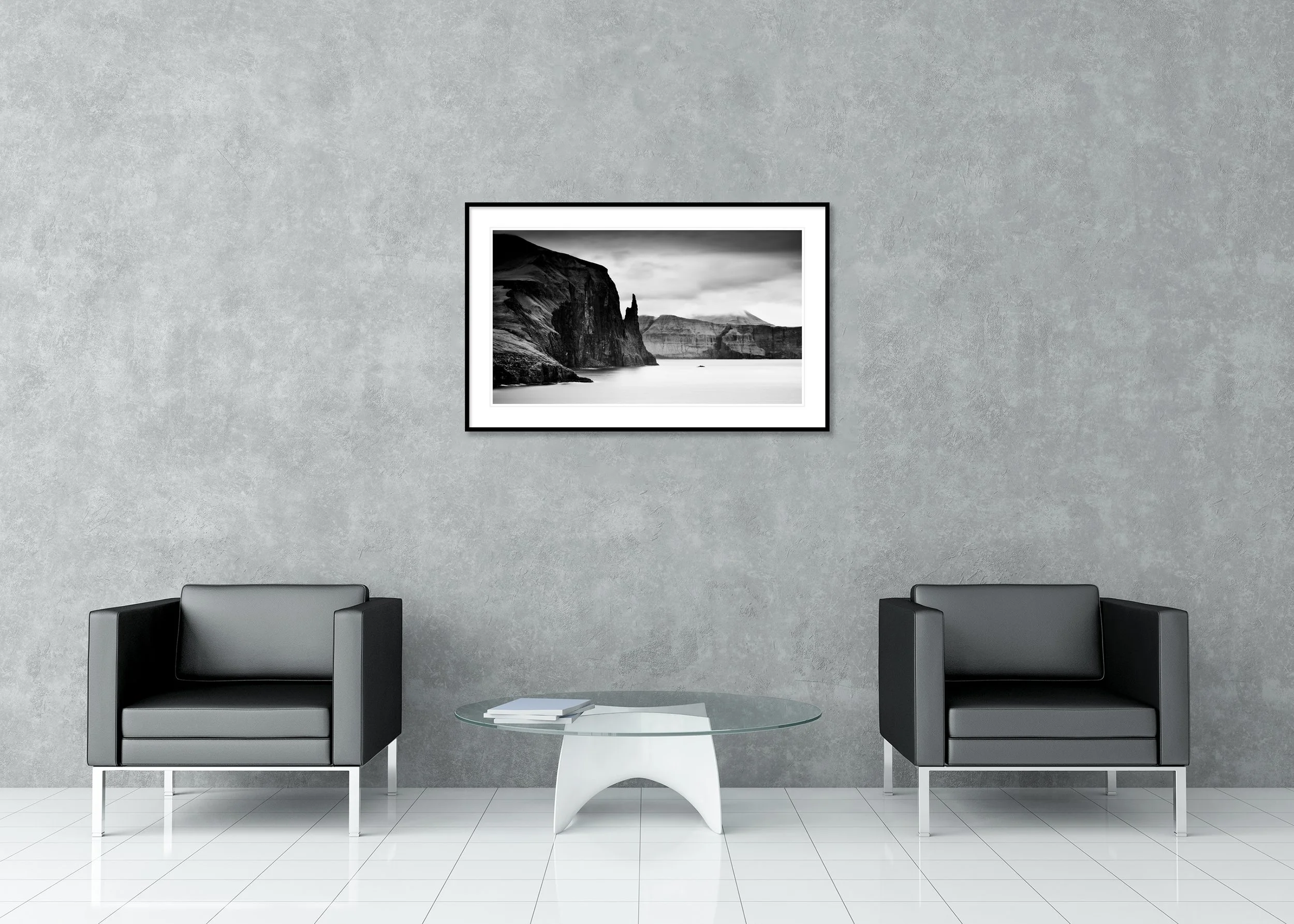 Trøllkonufingur Monolith Panorama – Faroe Islands, black-and-white archival pigment print in a classic frame with a mount and anti-reflective glass