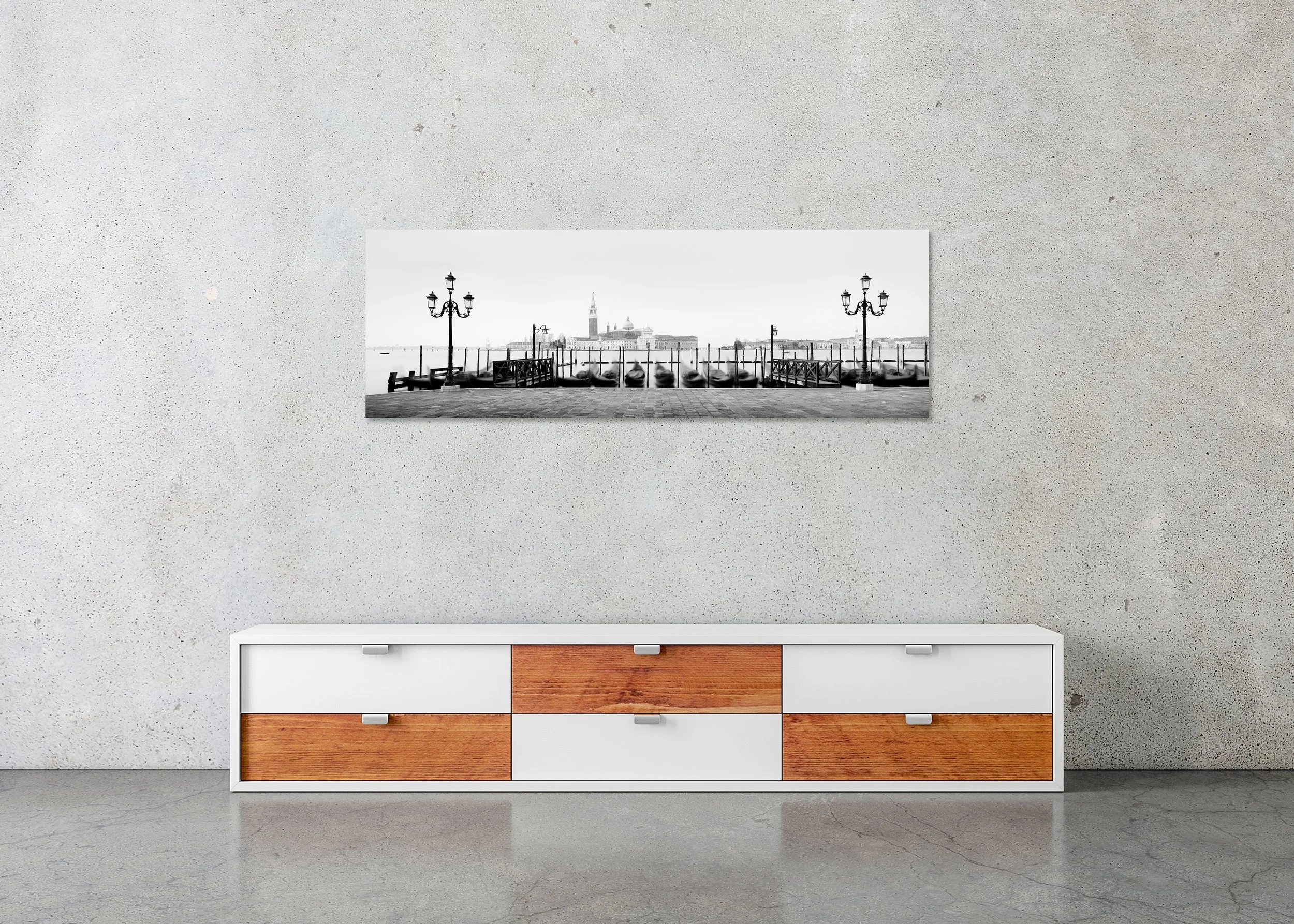 Panoramic black and white view of Venice with moored gondolas, ornate lampposts and San Giorgio Maggiore across the lagoon, photo print mounted to Dibond, frameless.