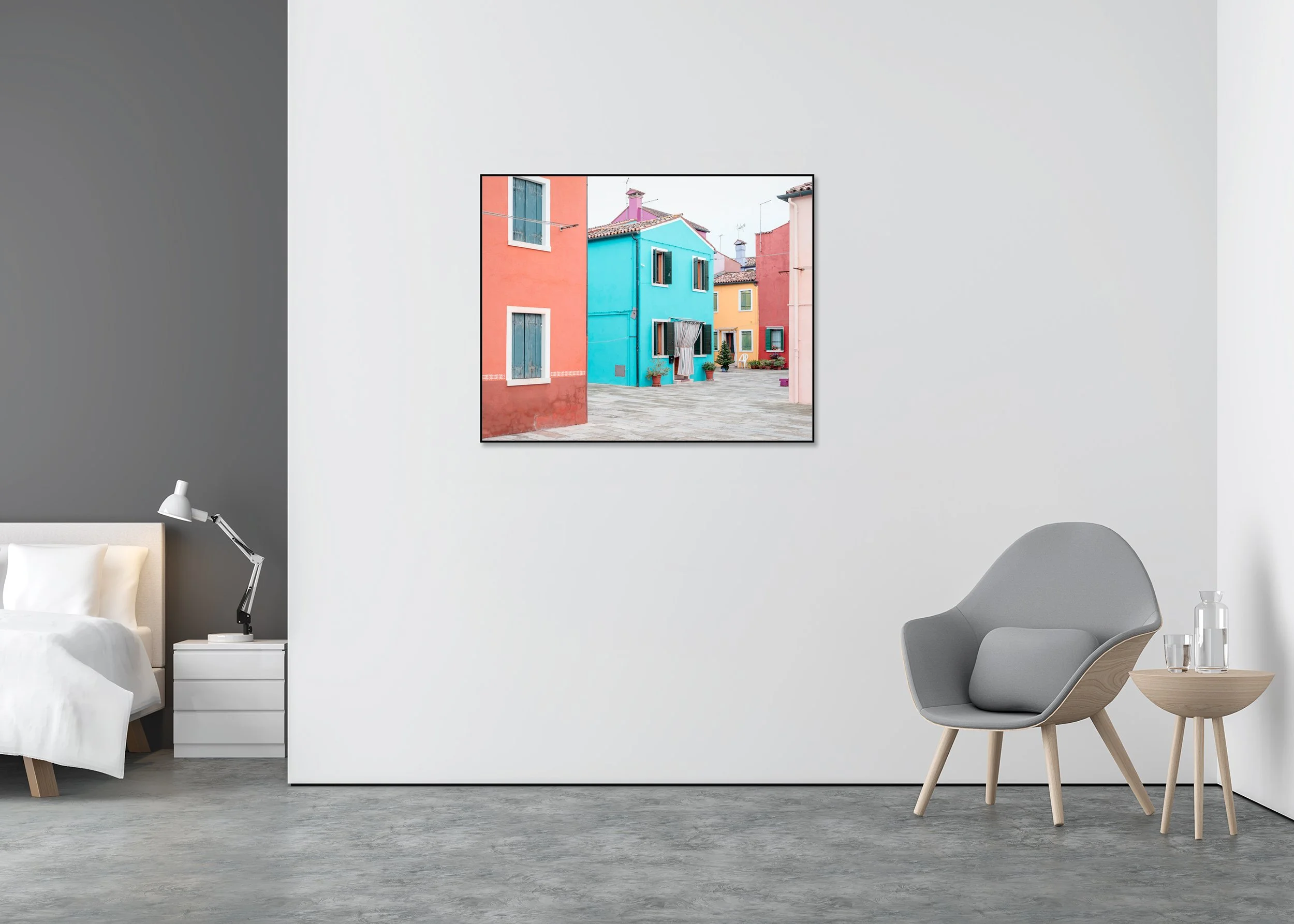 The Turquoise House displayed in a modern interior, mounted on aluminium Dibond in a black ArtBox frame by Gerald Berghammer.