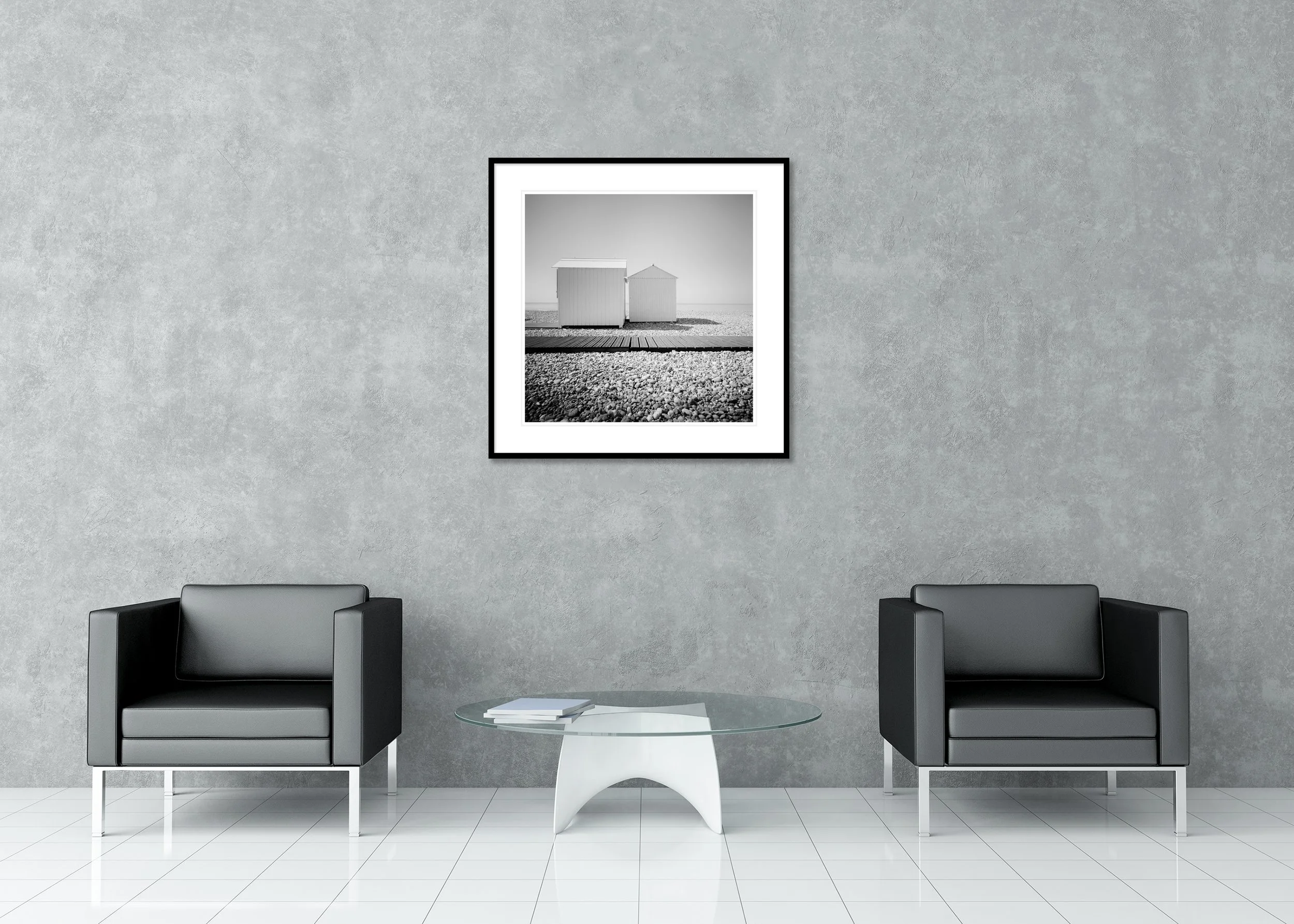 Beach Huts Study 10 – France, black-and-white archival pigment print in a classic frame with a mount