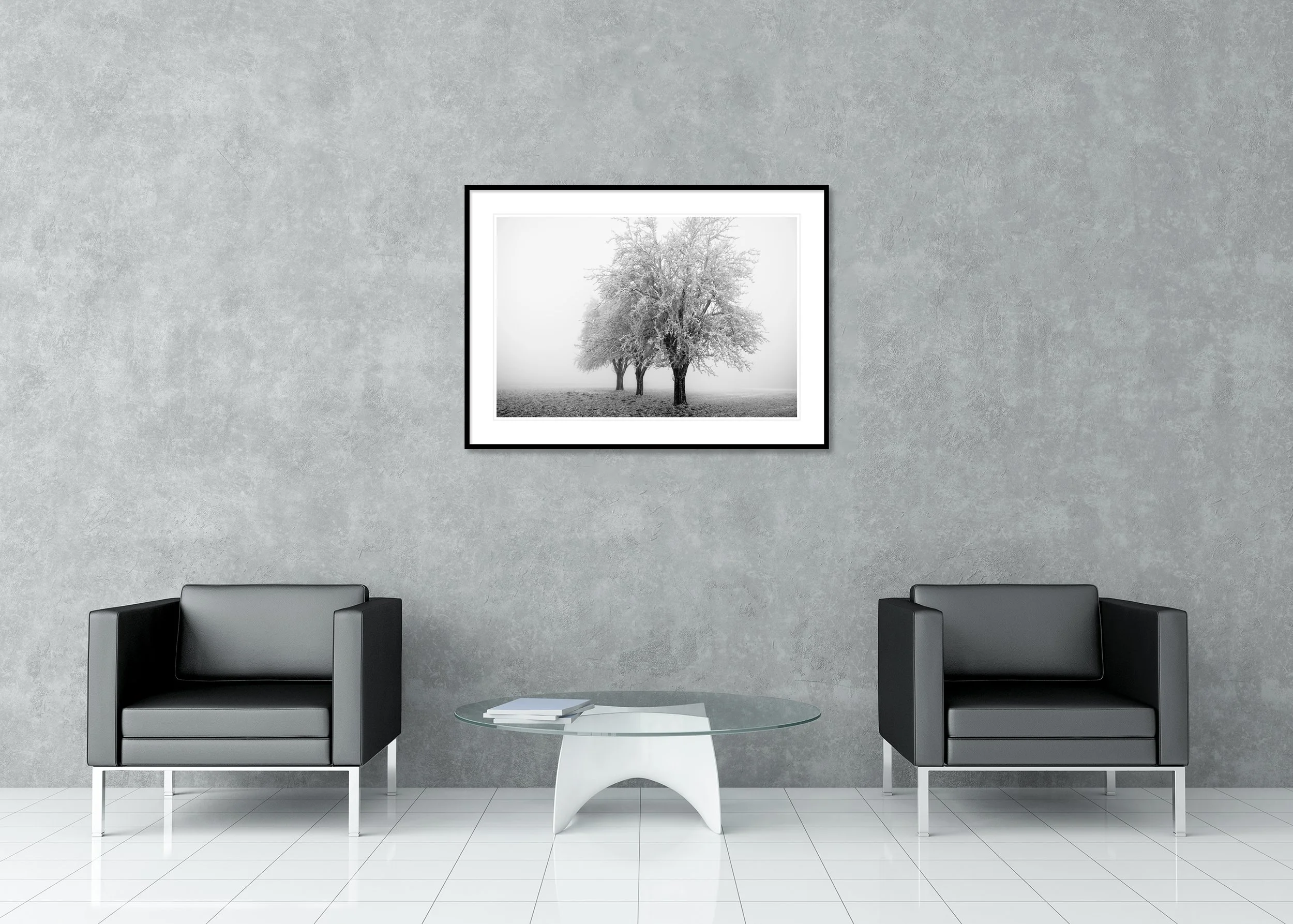 Frozen Apple Trees Study 3 displayed in a modern interior as an archival pigment print in a black aluminium frame with a white mount by Gerald Berghammer.