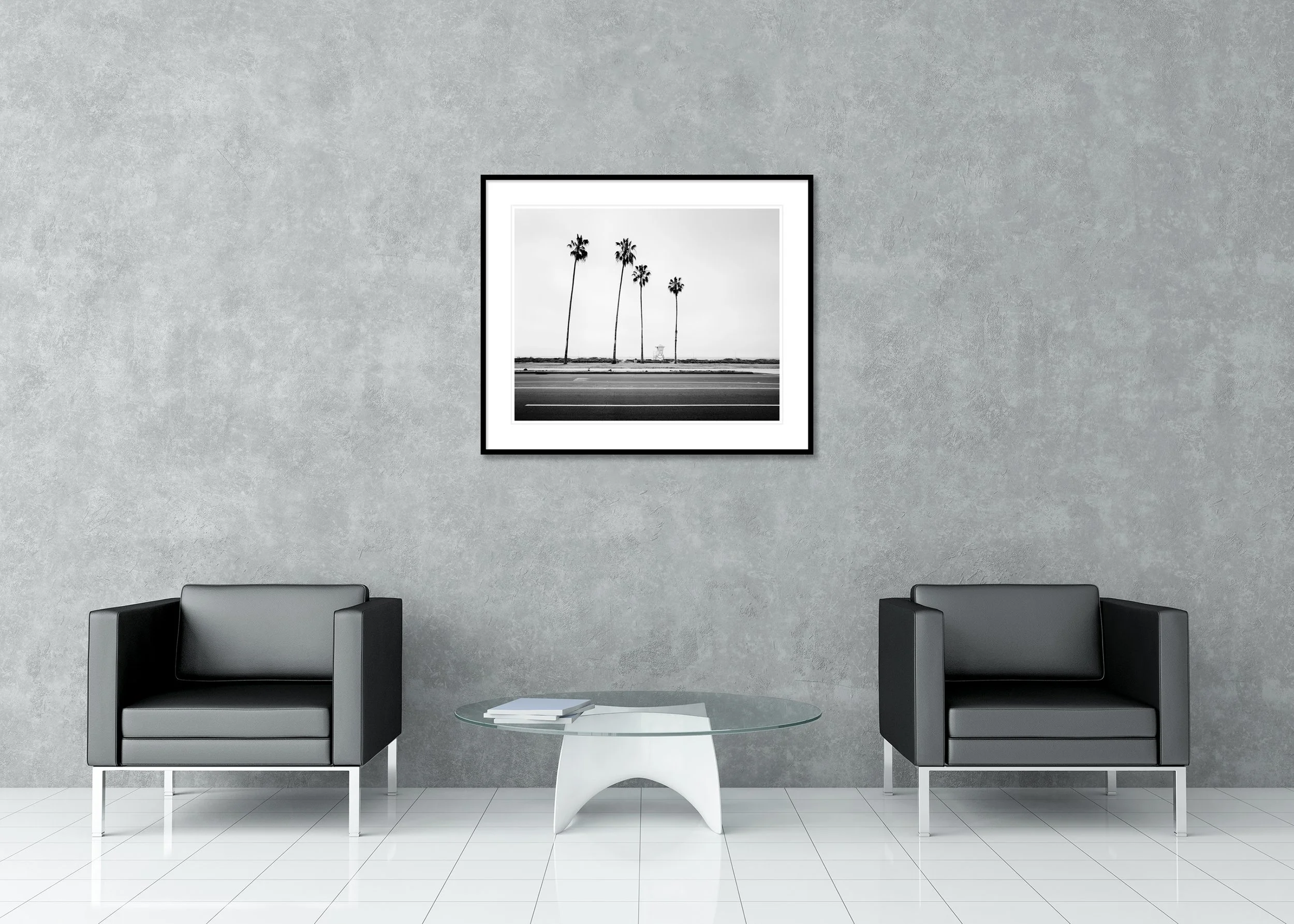Palm Tree Study 4 displayed in a modern interior as an archival pigment print in a black aluminium frame with a white mount by Gerald Berghammer.