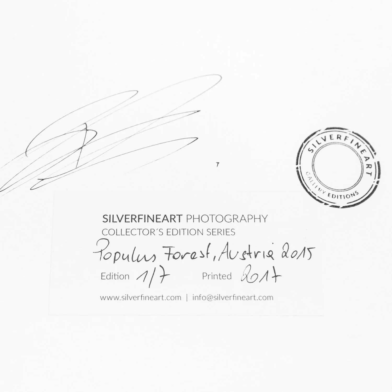 Populus Forest, Austria – close-up of Gerald Berghammer's signature, gallery stamp and handwritten edition 1/7 details.