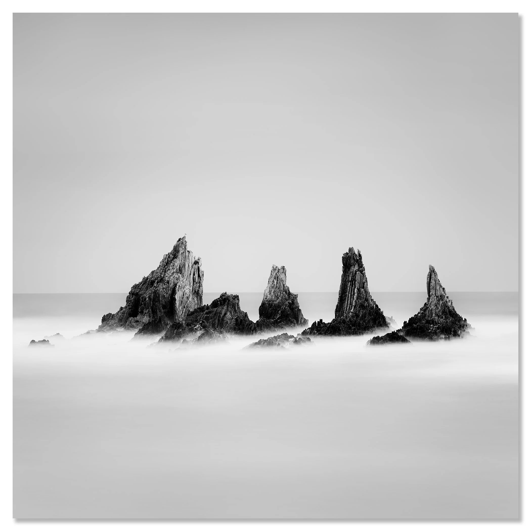 Rocky Peaks Study 1 by Gerald Berghammer, minimalist black-and-white Atlantic seascape shown as a frameless aluminium Dibond print.
