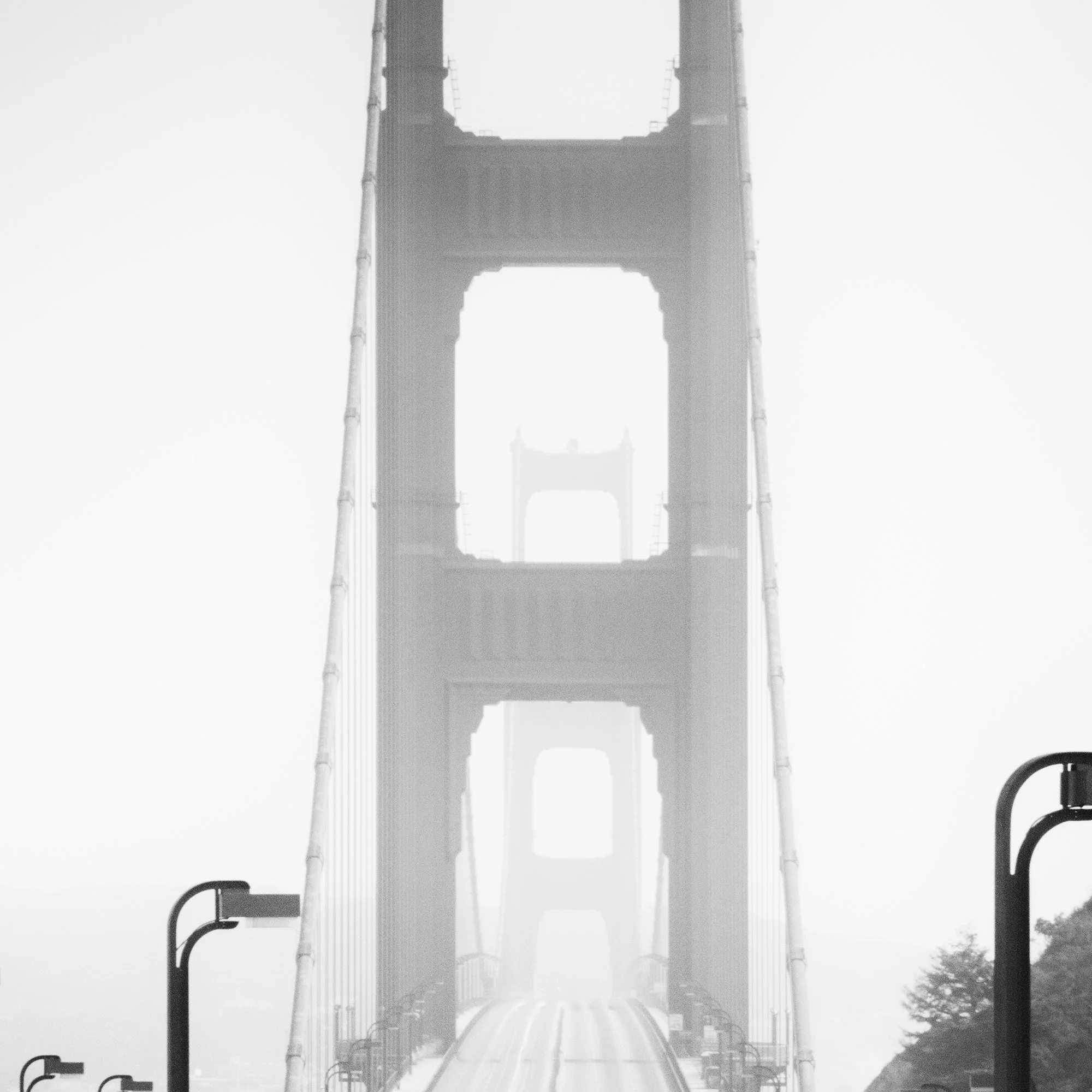 Detail of Golden Gate Bridge Study 7 by Gerald Berghammer showing the suspension bridge towers receding into dense San Francisco fog.