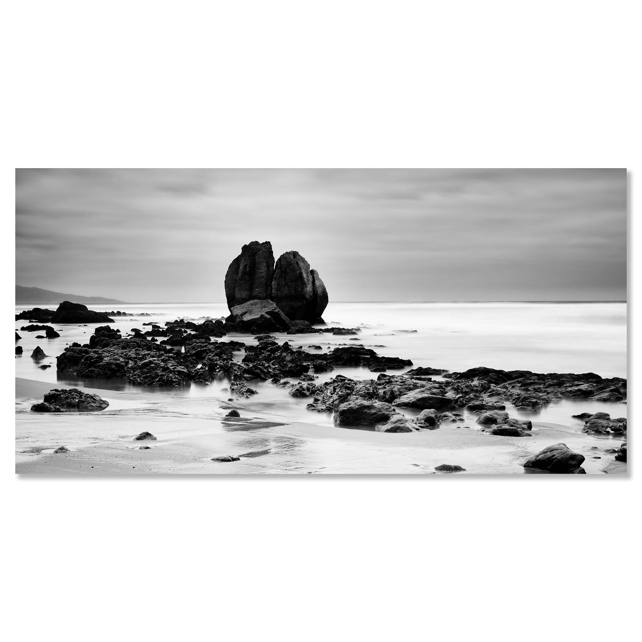 Black and white coastal landscape with large sea rocks on a quiet beach – dibond frameless